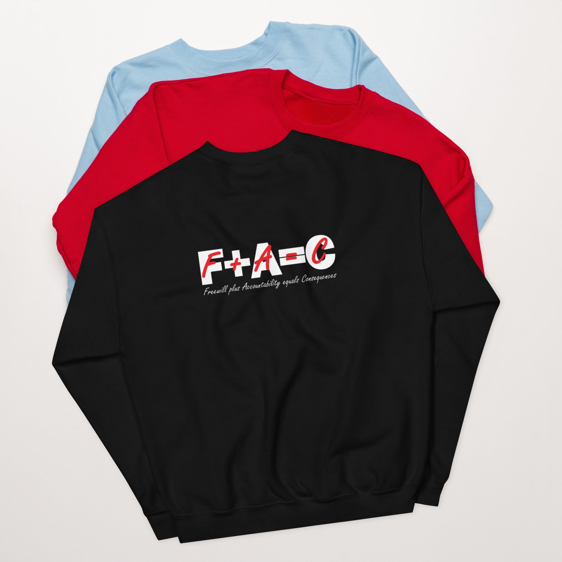 Back of black unisex sweatshirt with red and white text saying 'F+A=C' and 'Freewill plus Accountability equals Consequences'