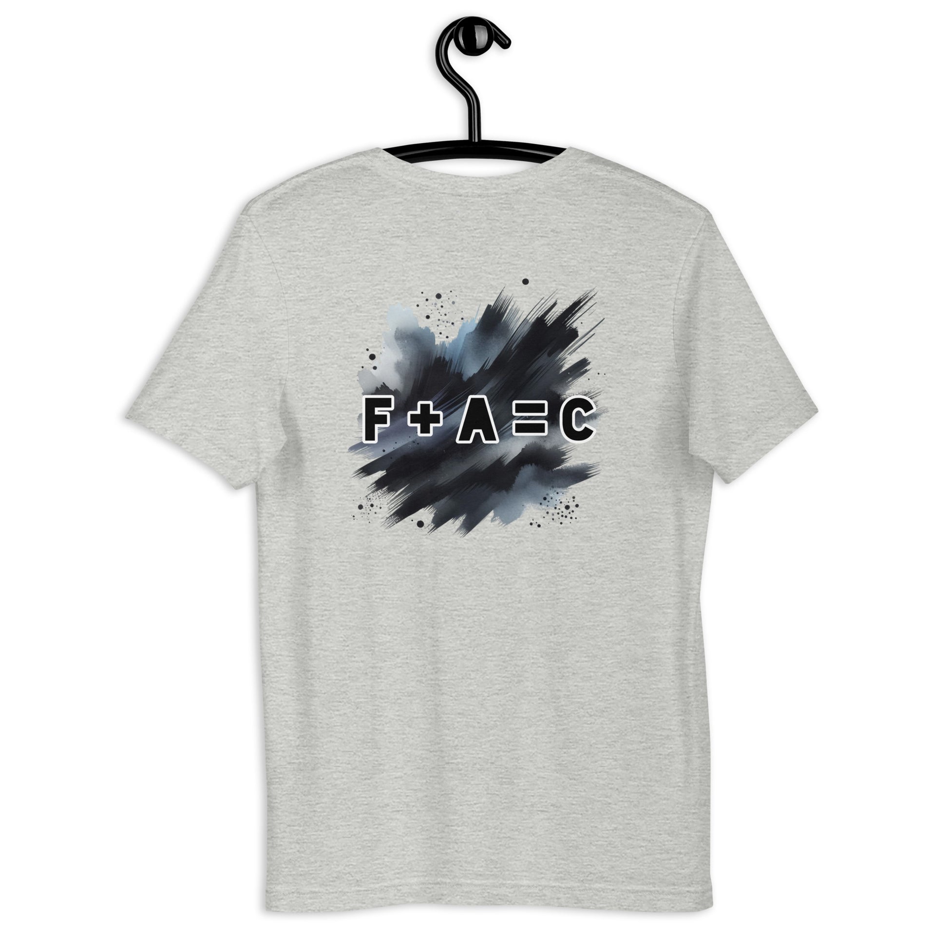 Back of heather t-shirt with black and white text saying 'F+A=C'