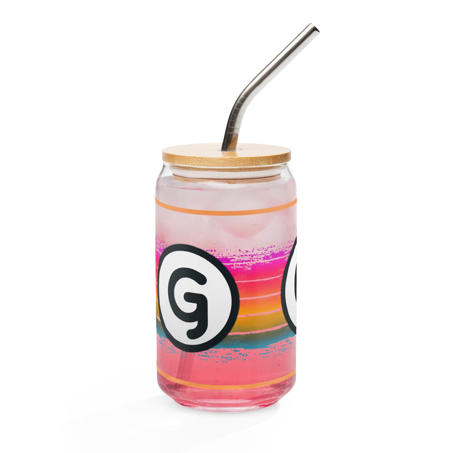 Back of can-shaped glassware with 'g' girlish logo on rainbow-lined background 