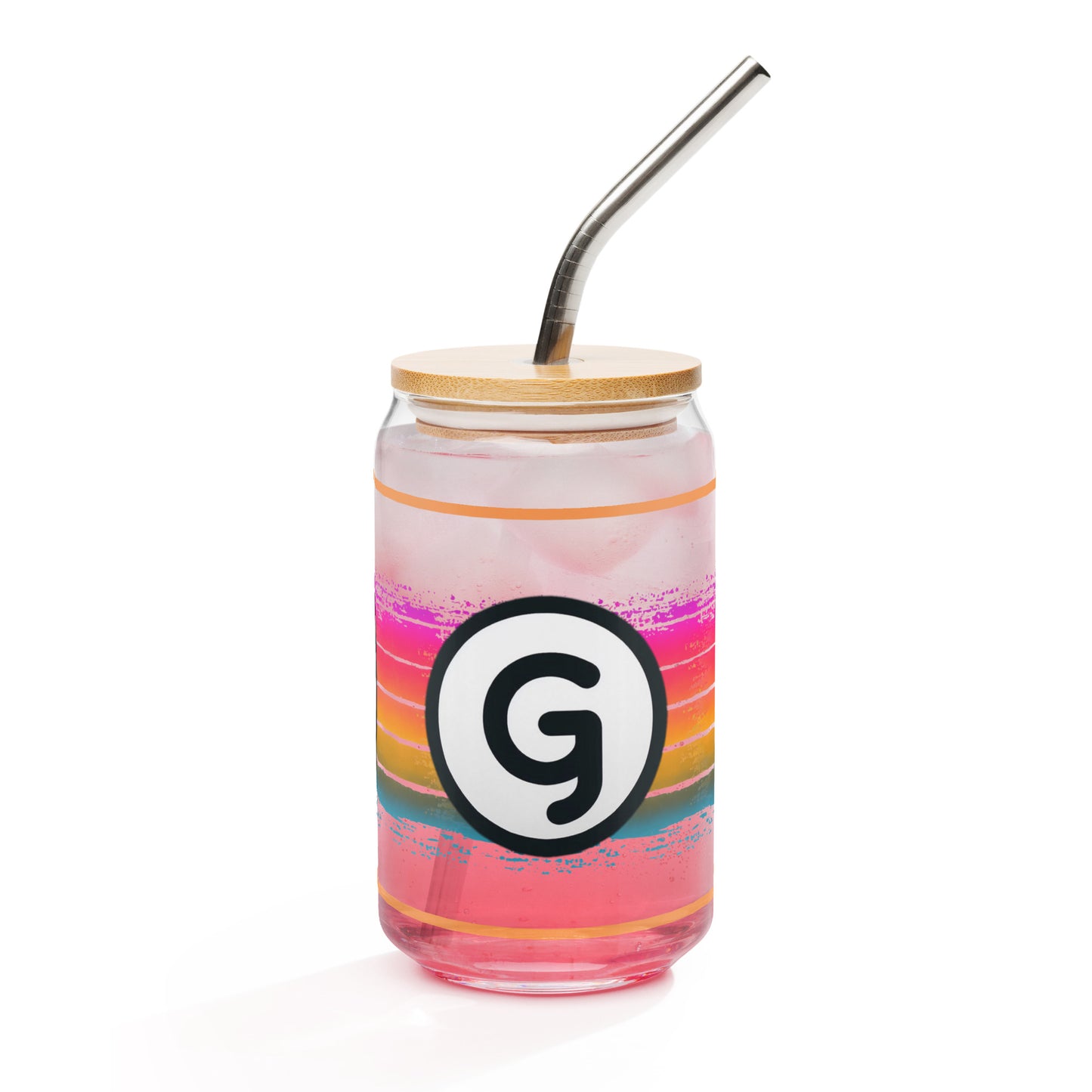 Front of can-shaped glassware with 'g' girlish logo on rainbow-lined background 