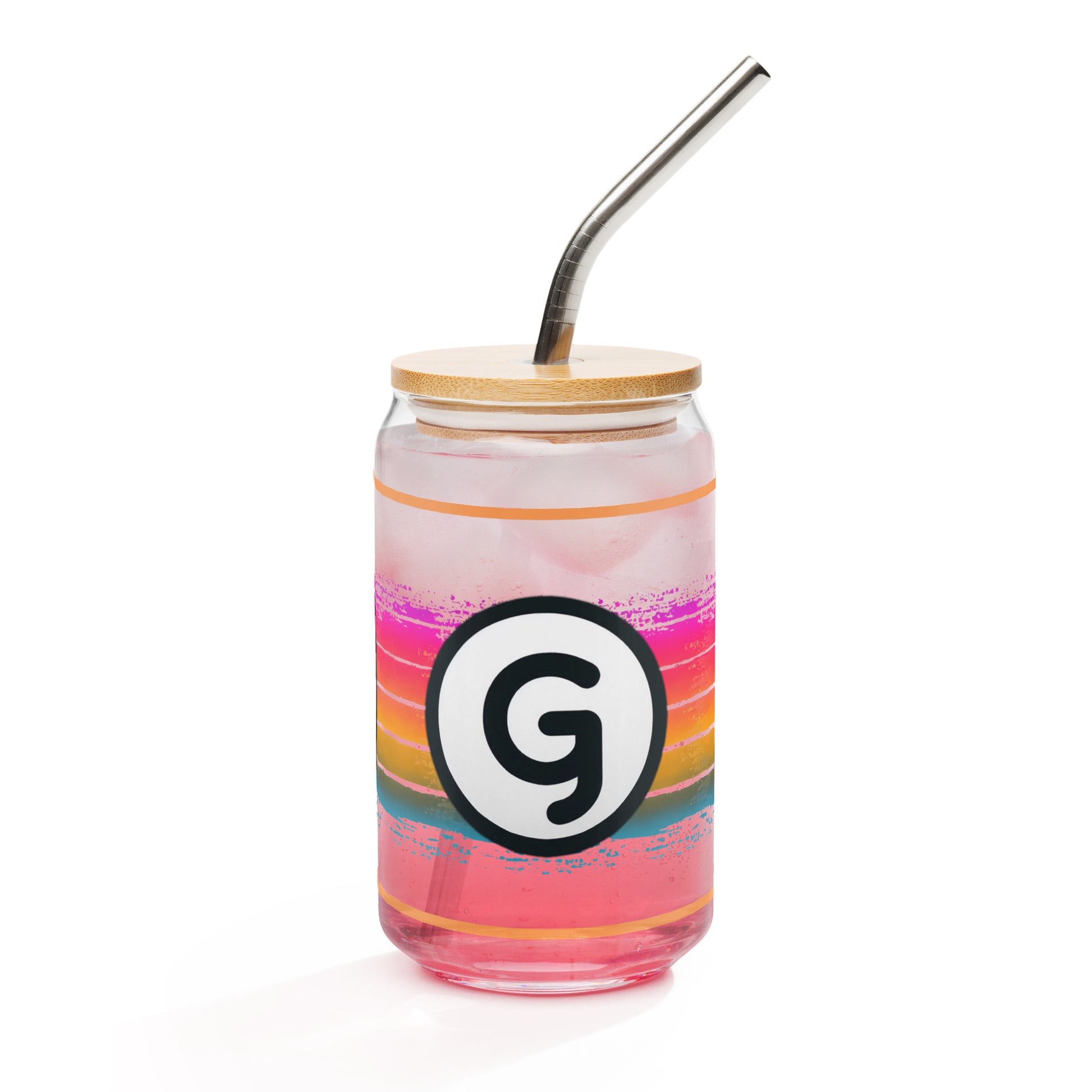 Front of can-shaped glassware with 'g' girlish logo on rainbow-lined background 