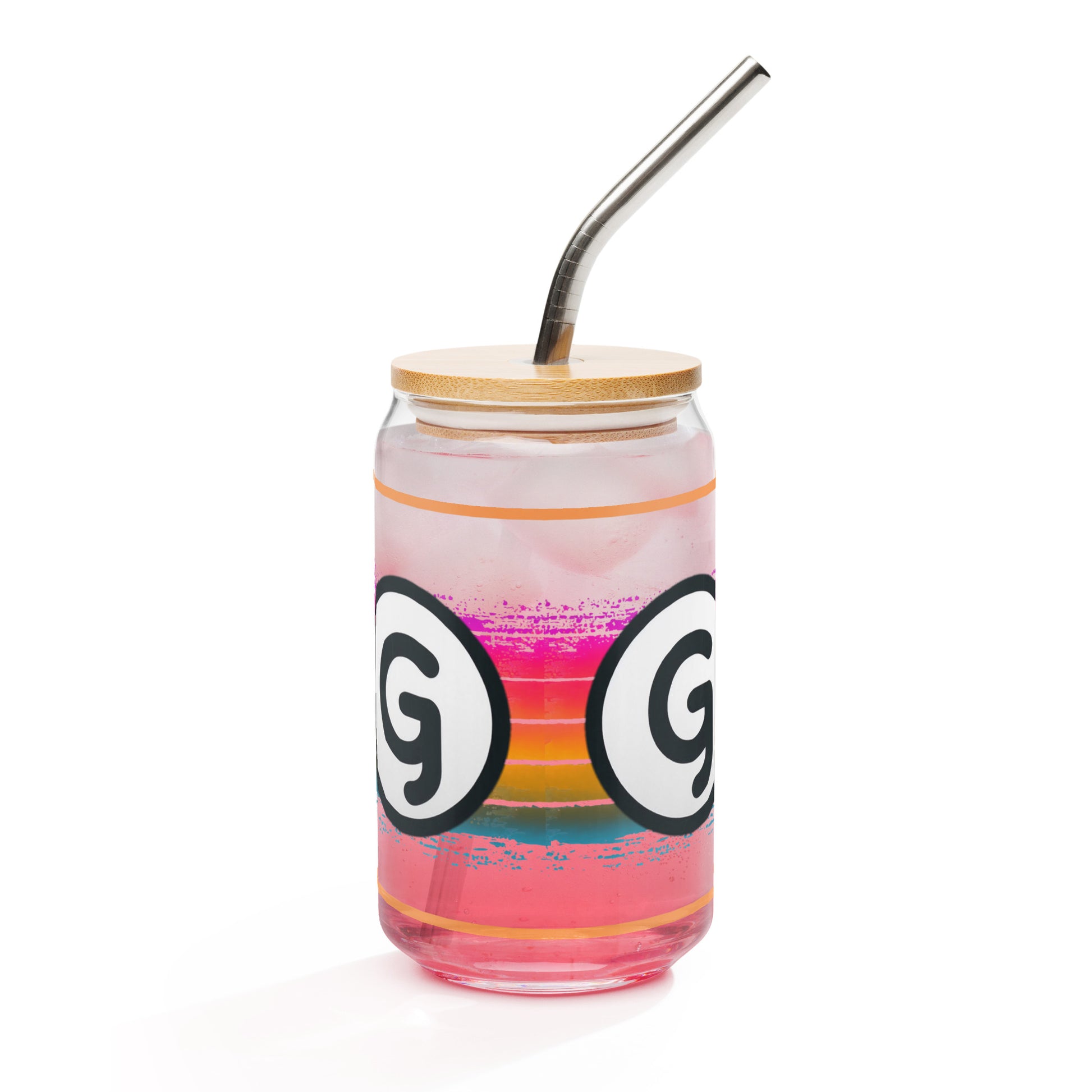 Left of can-shaped glassware with 'g' girlish logos on rainbow-lined background 