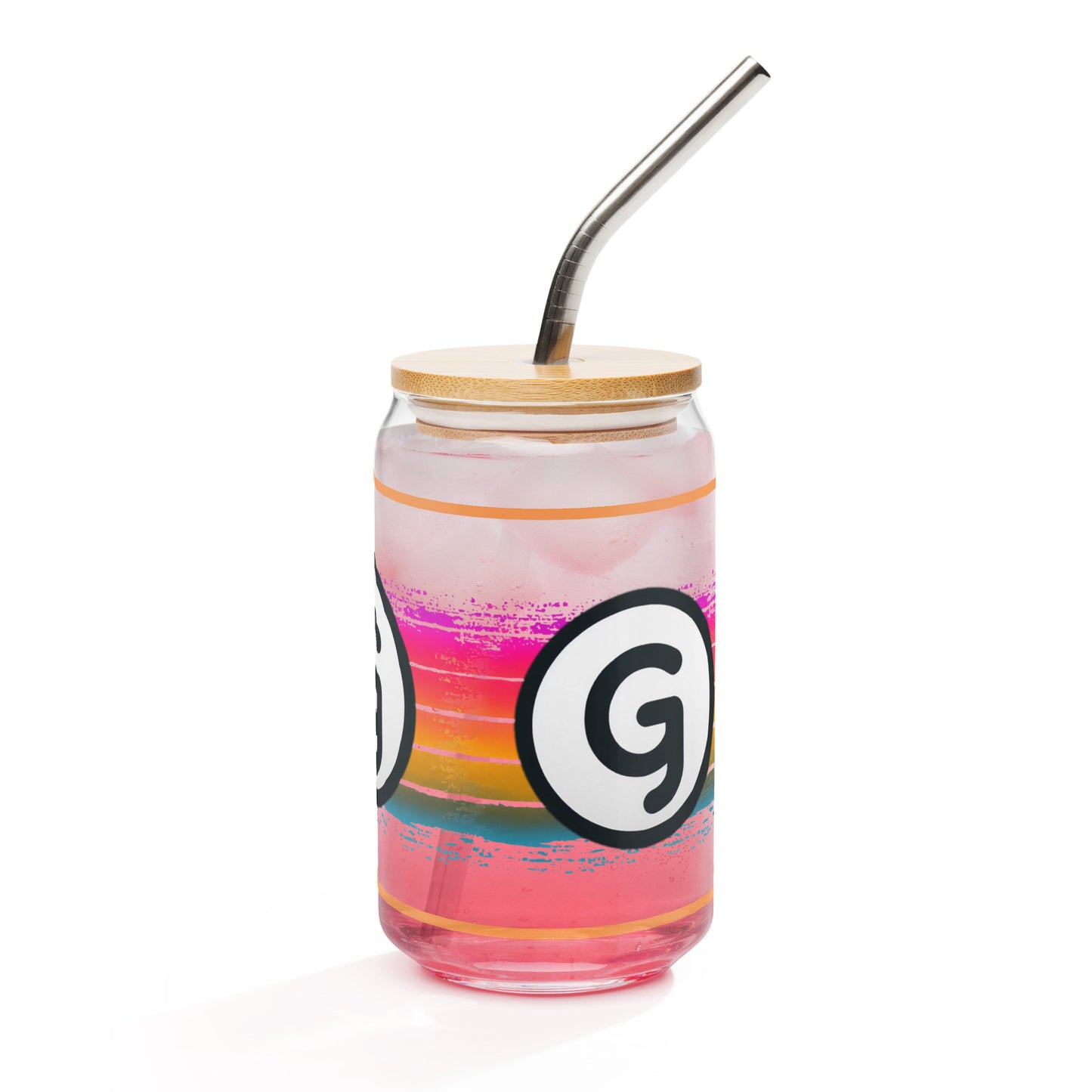 Right of can-shaped glassware with 'g' girlish logo on rainbow-lined background 
