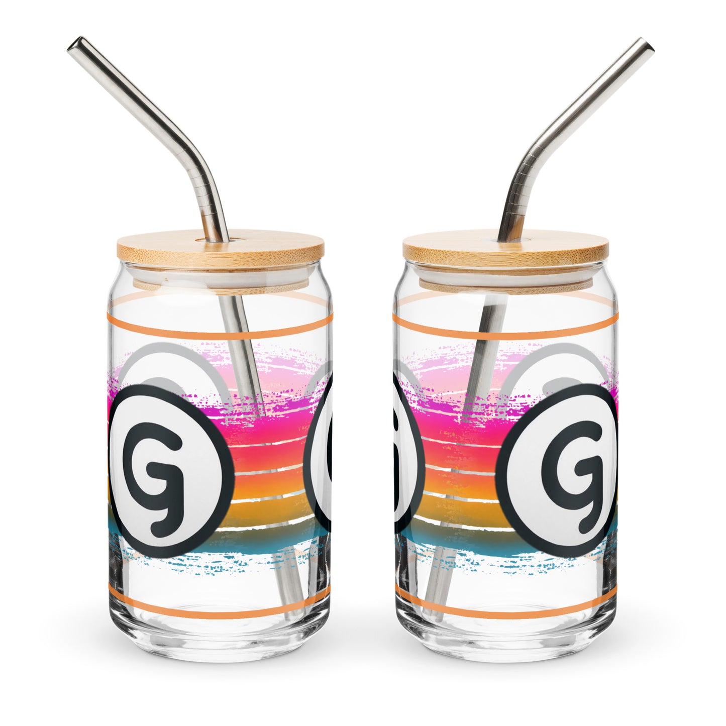 Sides of can-shaped glassware with 'g' girlish logos on rainbow-lined background 