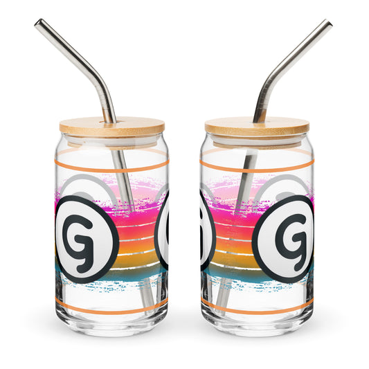 Sides of can-shaped glassware with 'g' girlish logos on rainbow-lined background 