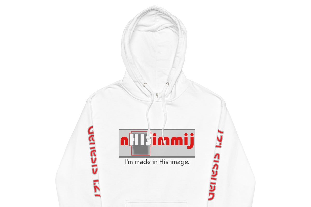 Front of white hoodie with gray, red, and white image saying 'nHISimmij' and gray text saying 'I'm made in His image' beneath and Genesis 1:27 on left and right sleeves