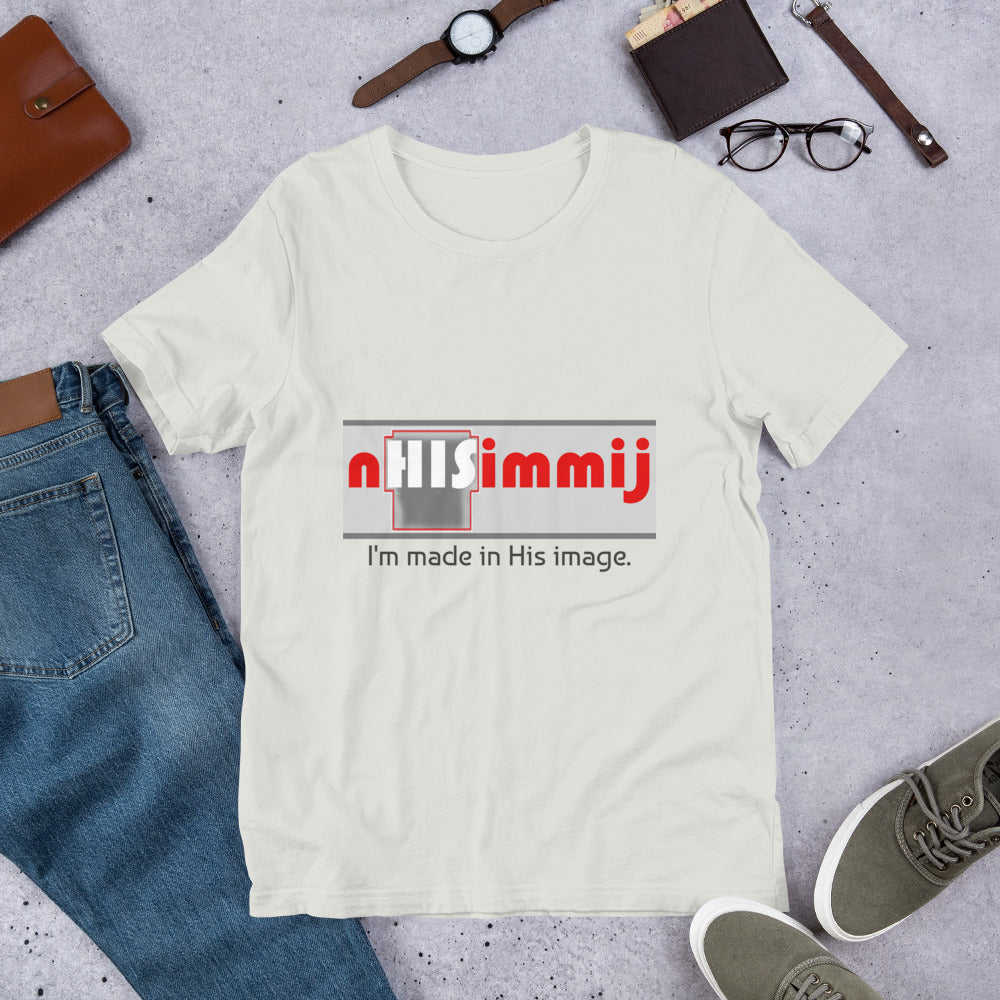 Front of silver t-shirt with gray, red, and white image saying 'nHISimmij' and gray text saying 'I'm made in His image' beneath