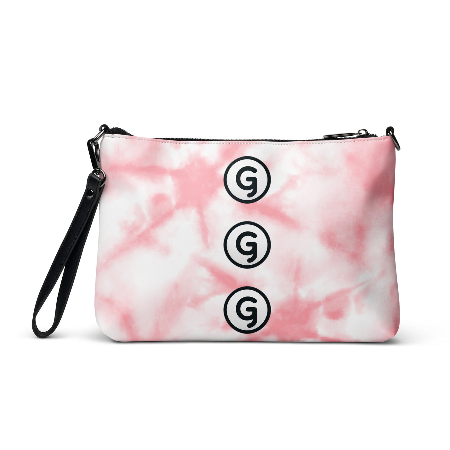 Back of Girlish crossbody bag with pink and white background with 'G' logos