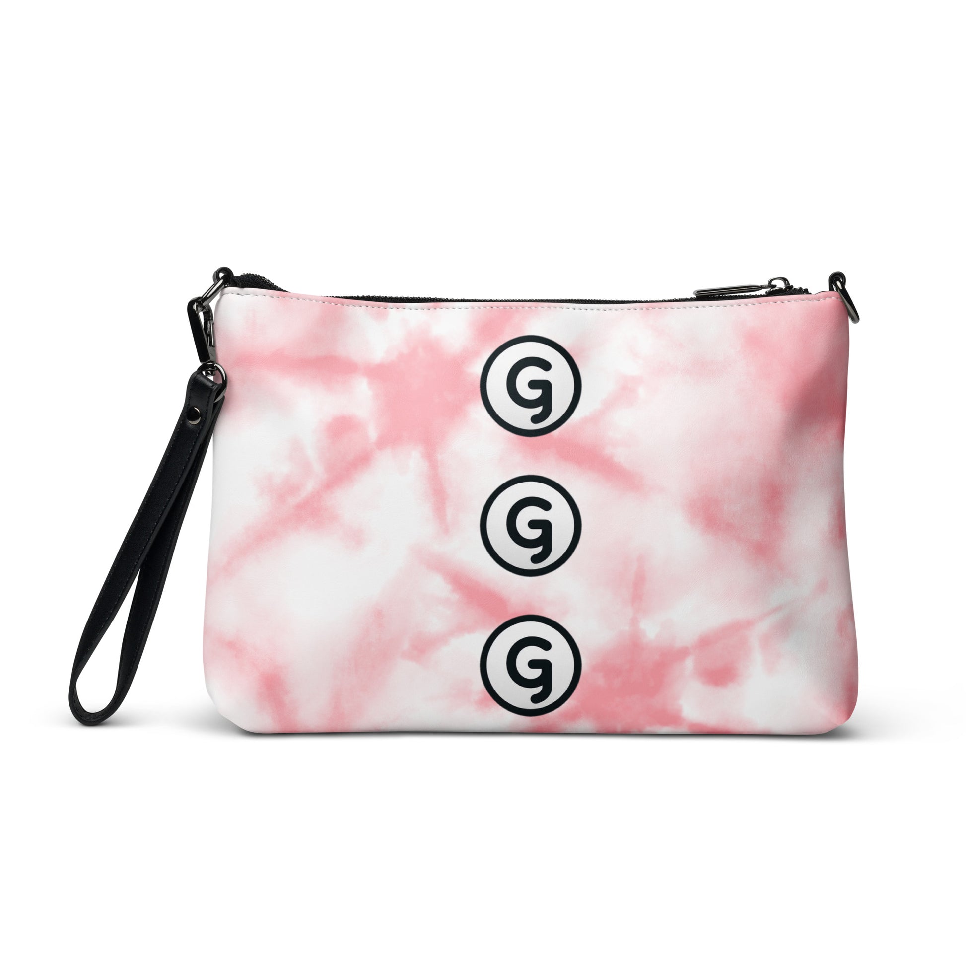 Back of Girlish crossbody bag with pink and white background with 'G' logos