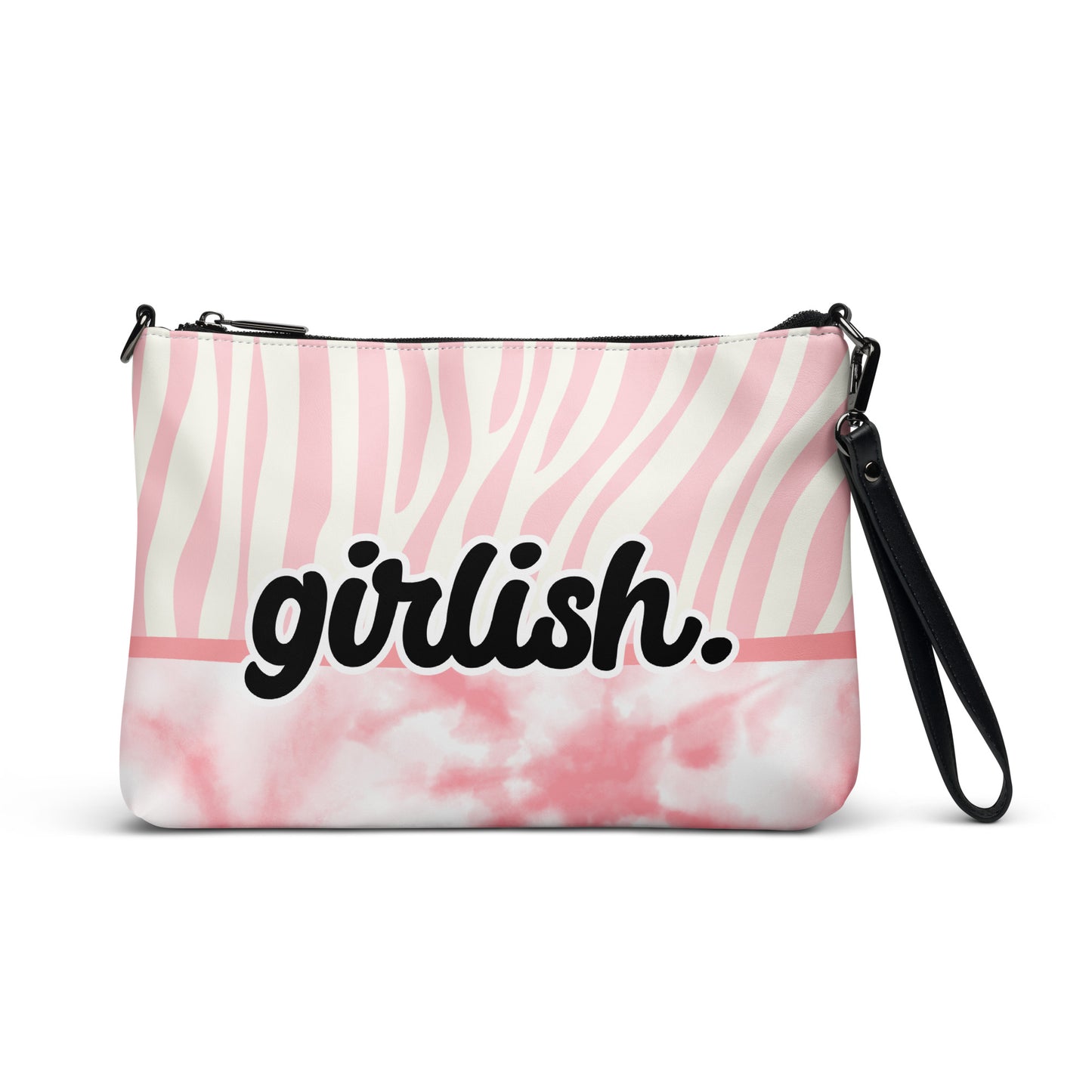 Front of Girlish crossbody bag with pink and white background with text 'girlish'