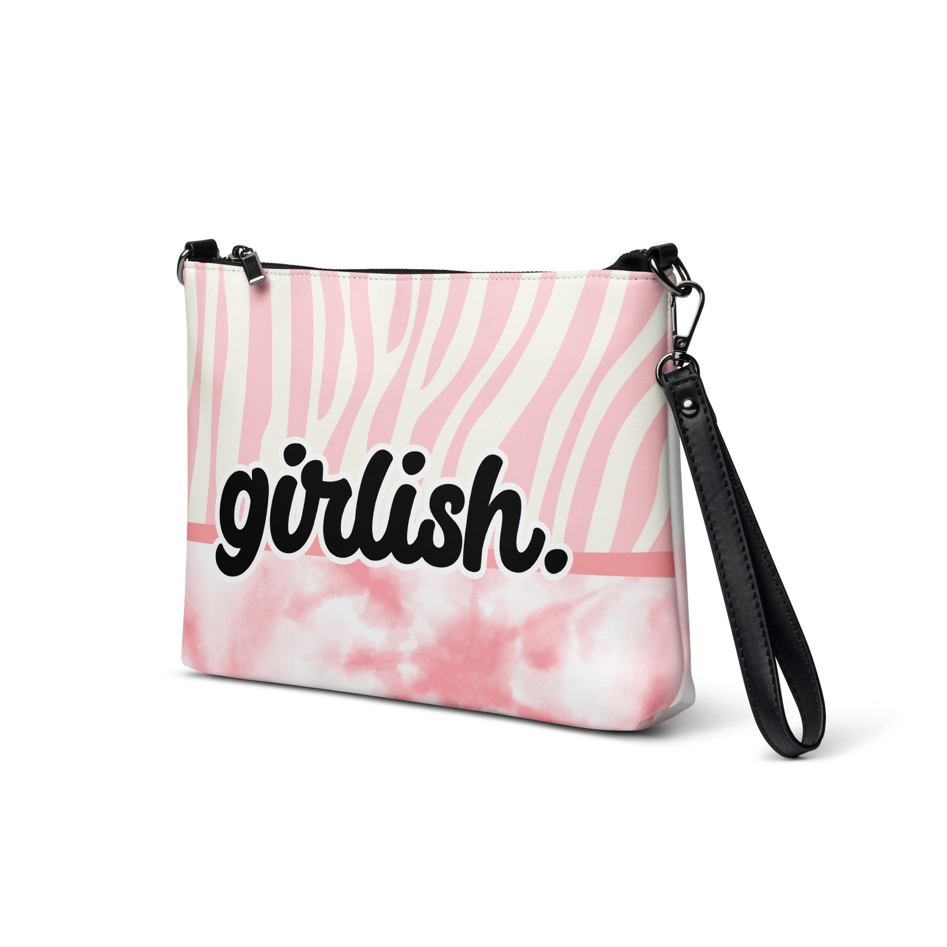 Left front of Girlish crossbody bag with pink and white background with text 'girlish'
