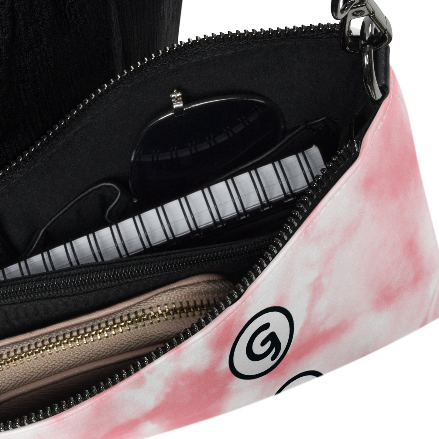 Product detail inside of Girlish crossbody bag with pink and white background with 'G' logo