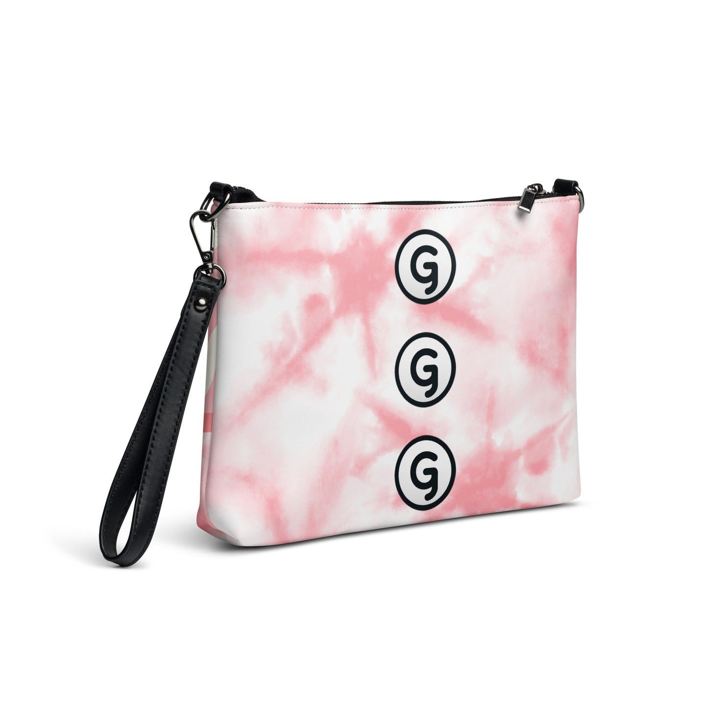 Right back of Girlish crossbody bag with pink and white background with 'G' logos