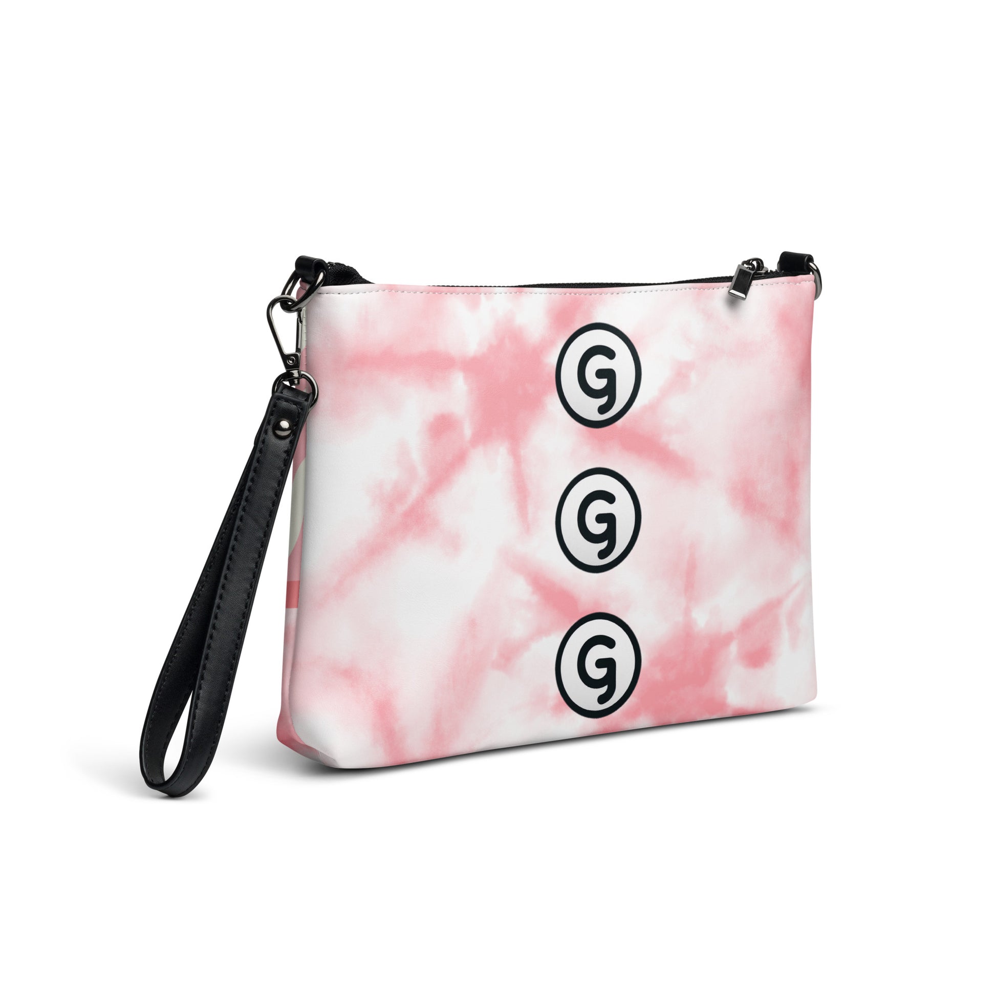 Right back of Girlish crossbody bag with pink and white background with 'G' logos