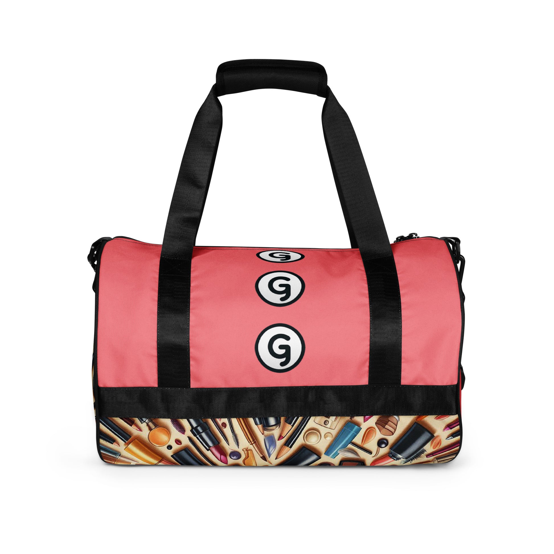 Back of Girlish gym bag with makeup background and 'g' symbols