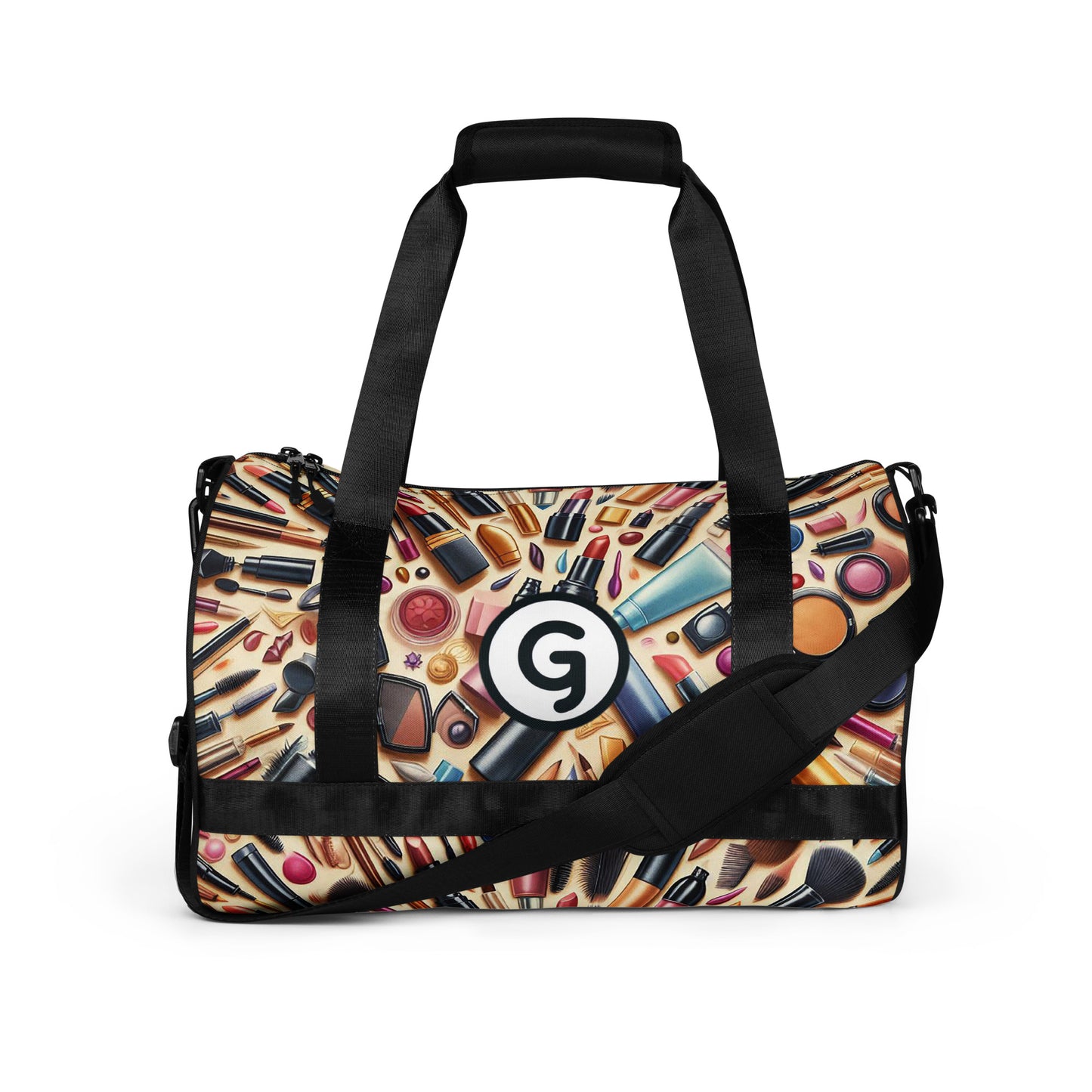 Front of Girlish gym bag with makeup background and 'g' symbol