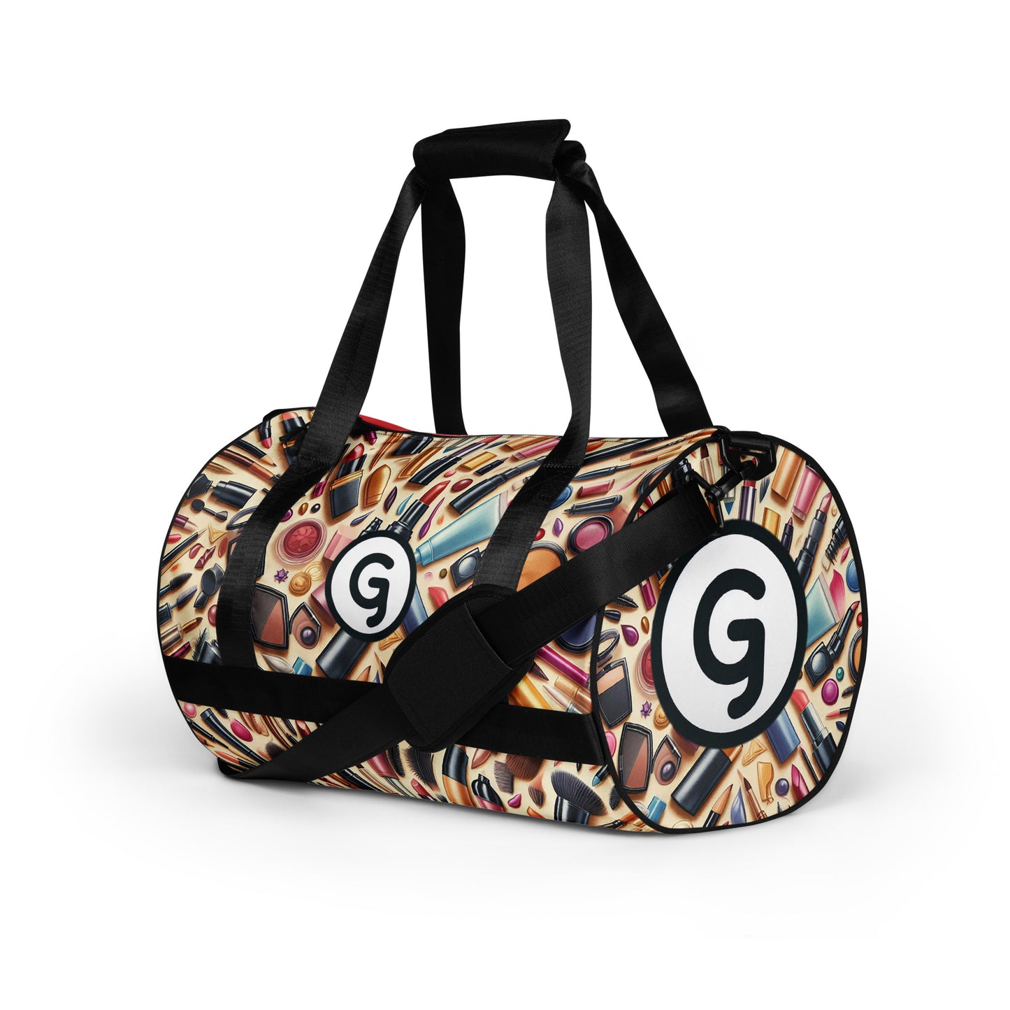 Left front of Girlish gym bag with makeup background and 'g' symbols
