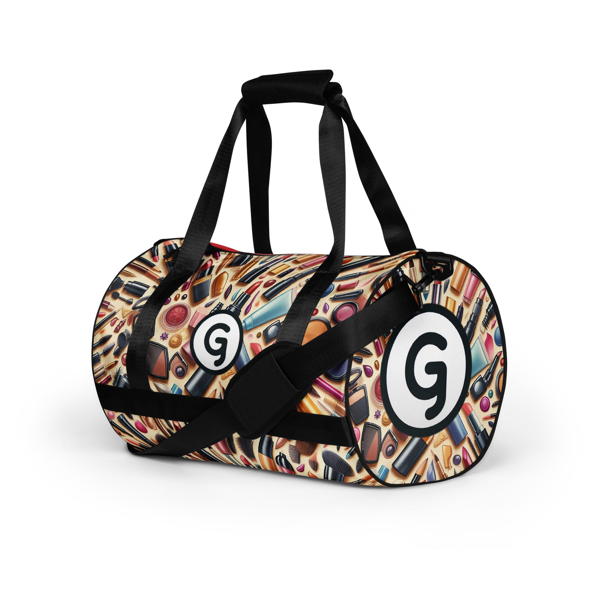 Left front of Girlish gym bag with makeup background and 'g' symbols