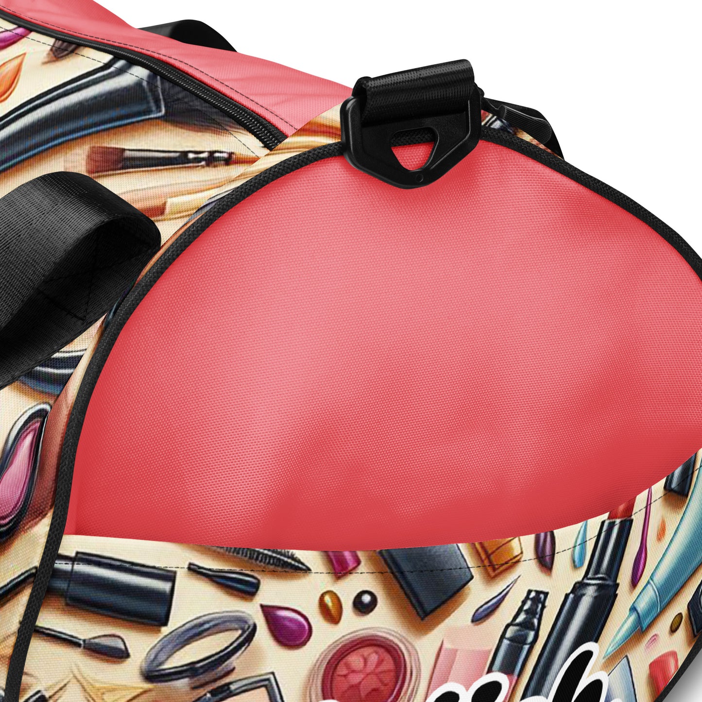Details of Girlish gym bag with makeup background and pink inside pocket