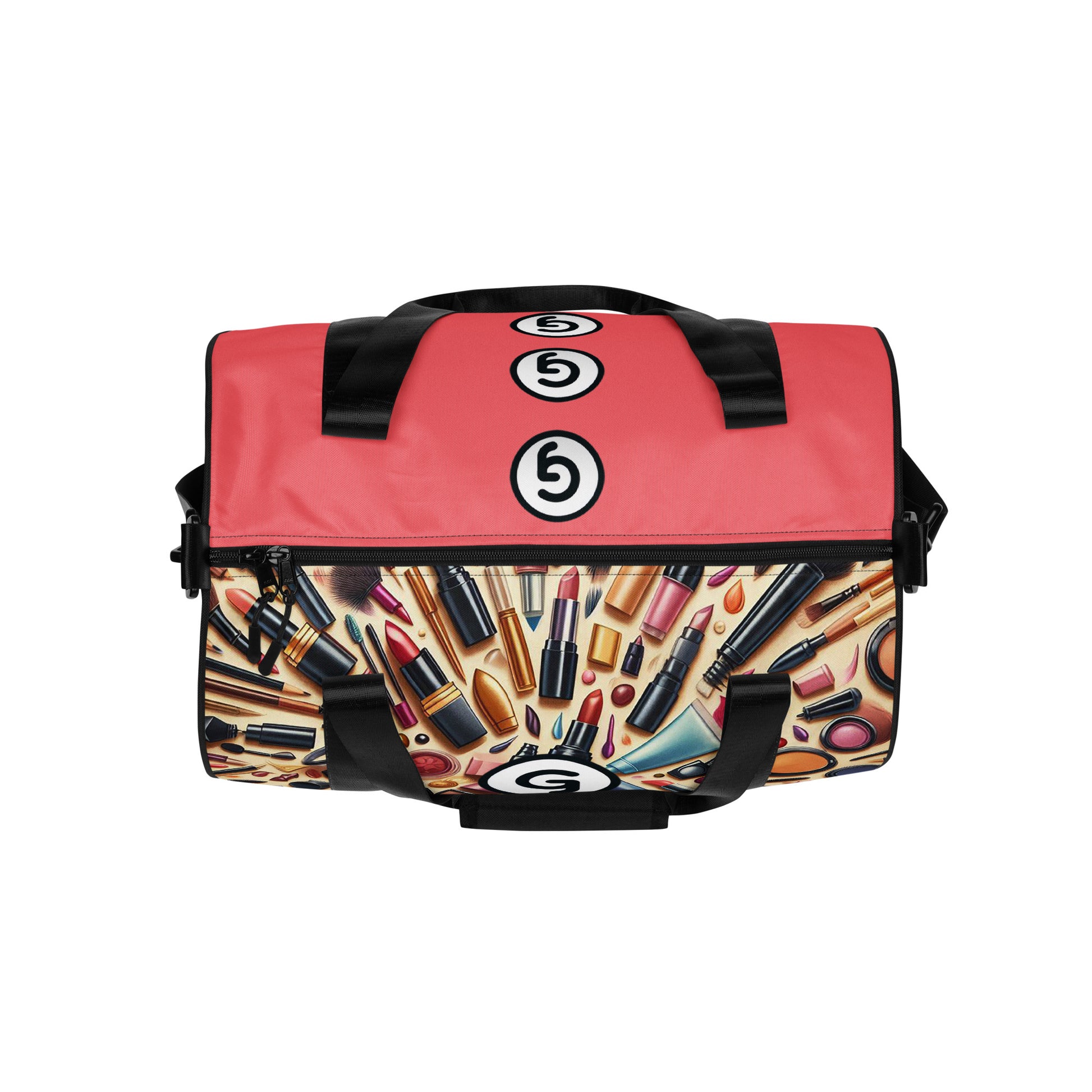 Top of Girlish gym bag with makeup background and 'g' symbols