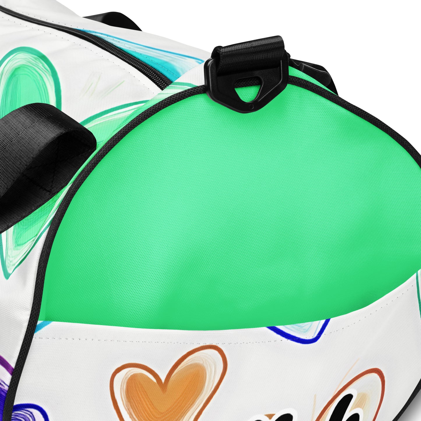 Front of gym back with hearts on white background and light green inside pocket