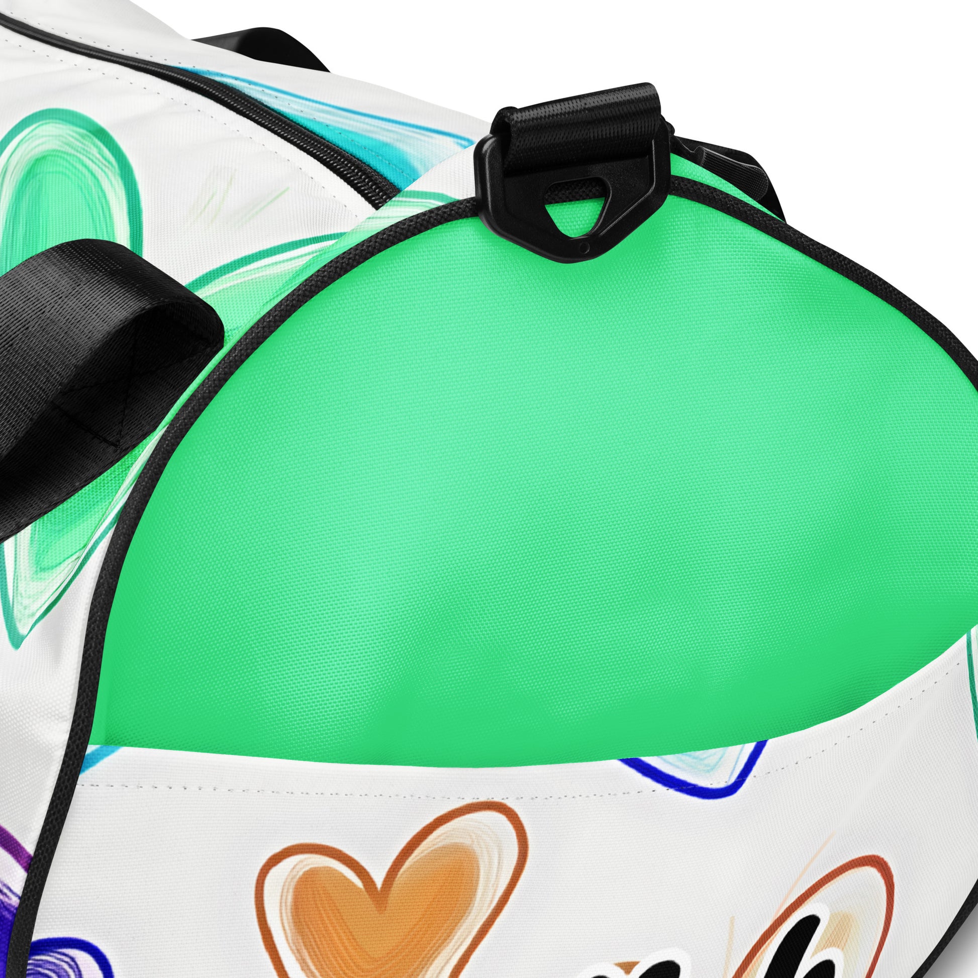 Front of gym back with hearts on white background and light green inside pocket