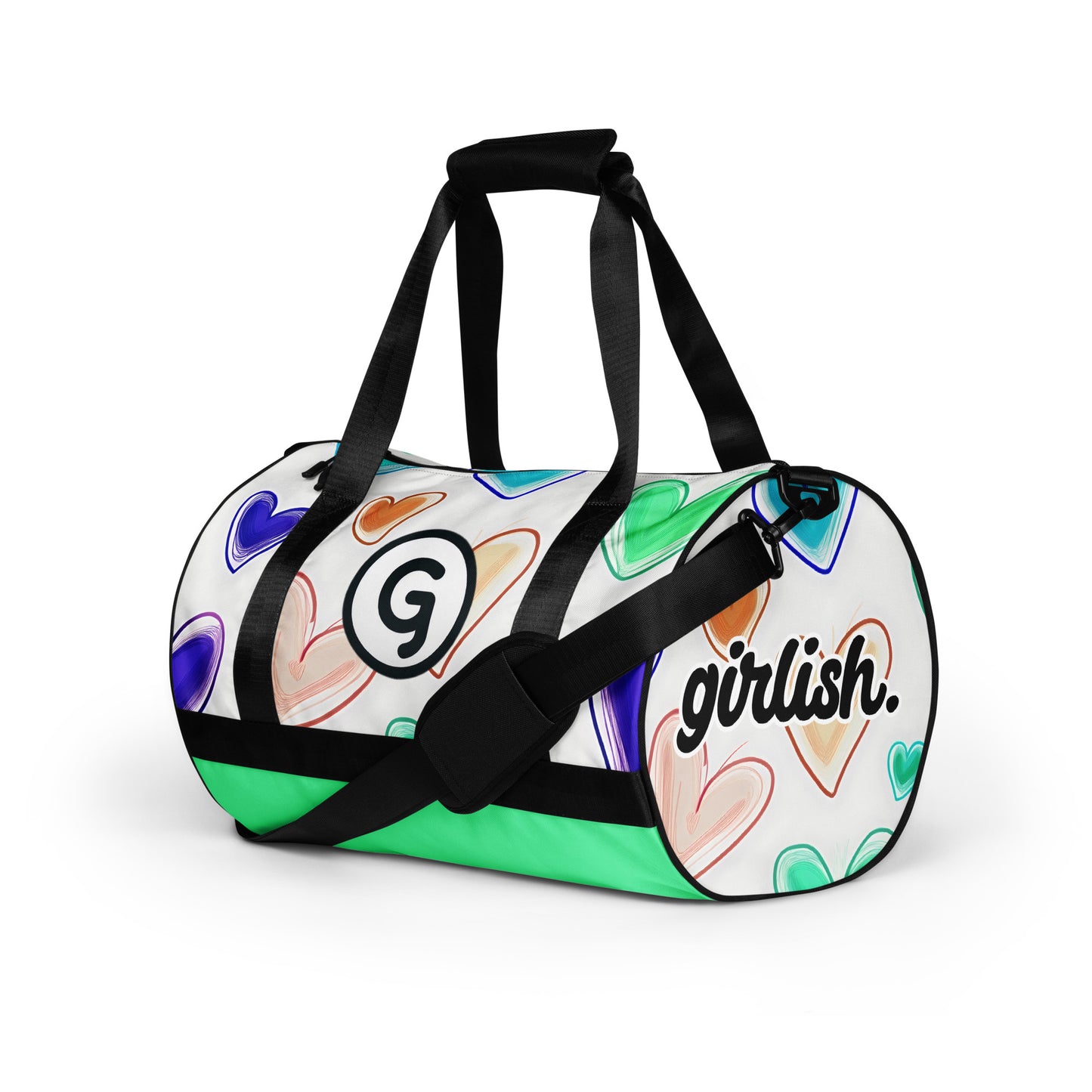 Left front of gym back with hearts on white background and Girly logo and 'girlish' text