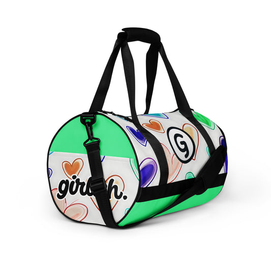 Front of gym back with hearts on white background and Girly logo and 'girlish' text