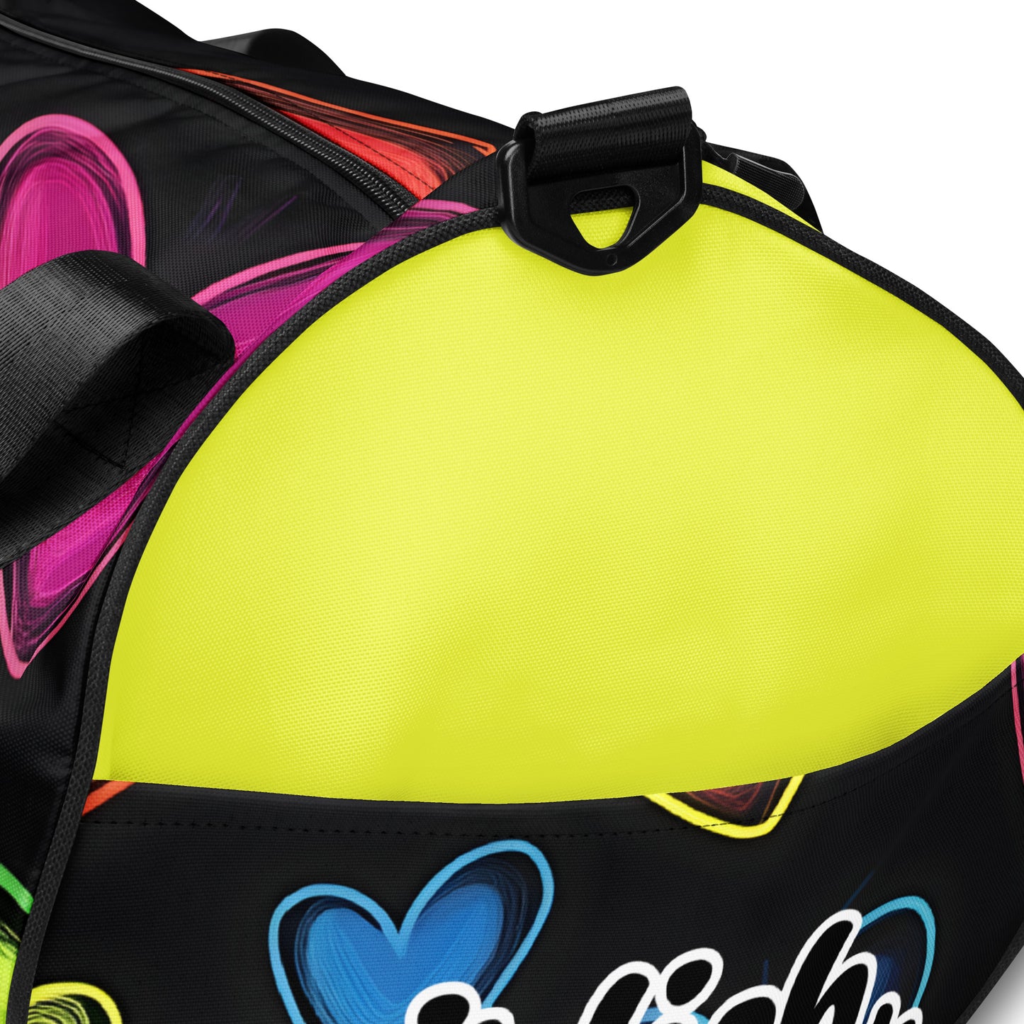 Details of yellow right pocket with hearts on black background