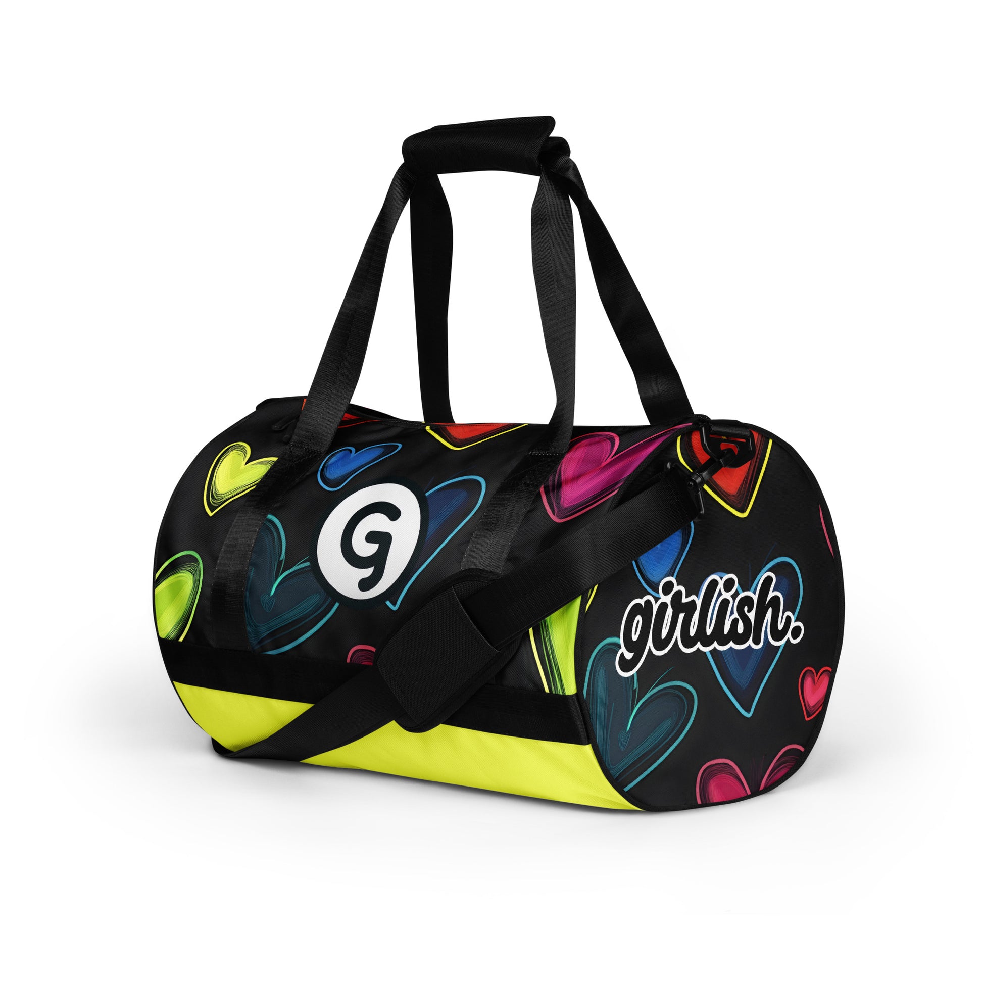 Left front of gym back with hearts on black background and Girly logo and 'girlish' text
