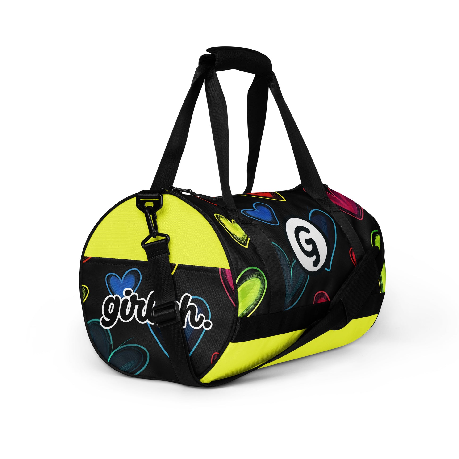 Right front of gym back with hearts on black background and Girly logo and 'girlish' text