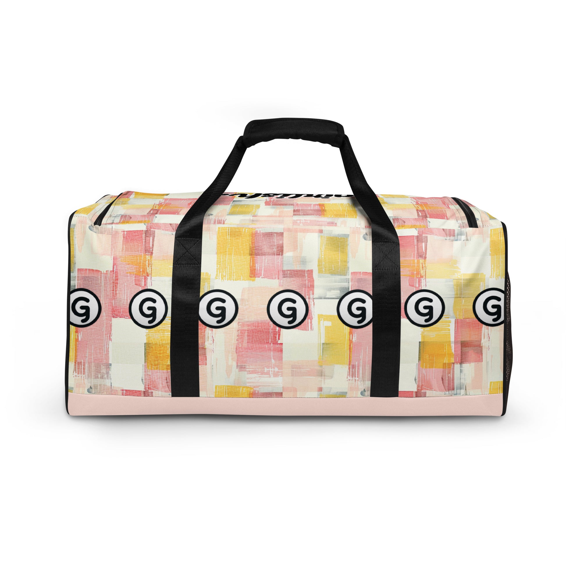 Back of sherbert print patterned duffel back with 'G's in horizontal pattern