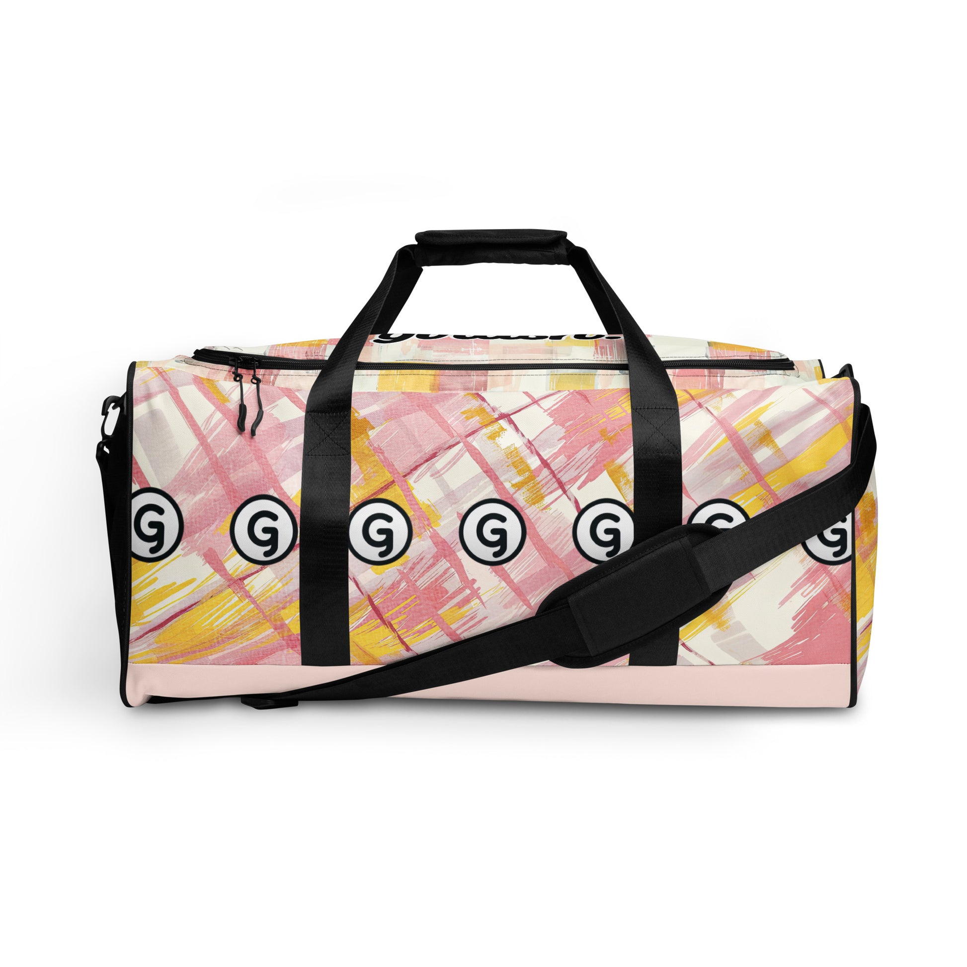 Front of sherbert print patterned duffel back with 'G's in horizontal pattern