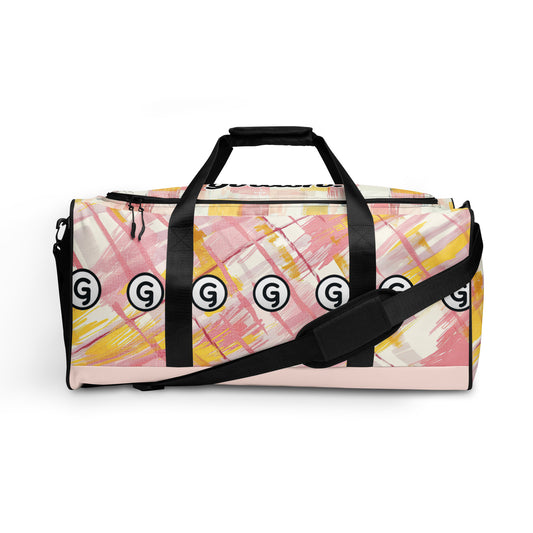 Front of sherbert print patterned duffel back with 'G's in horizontal pattern