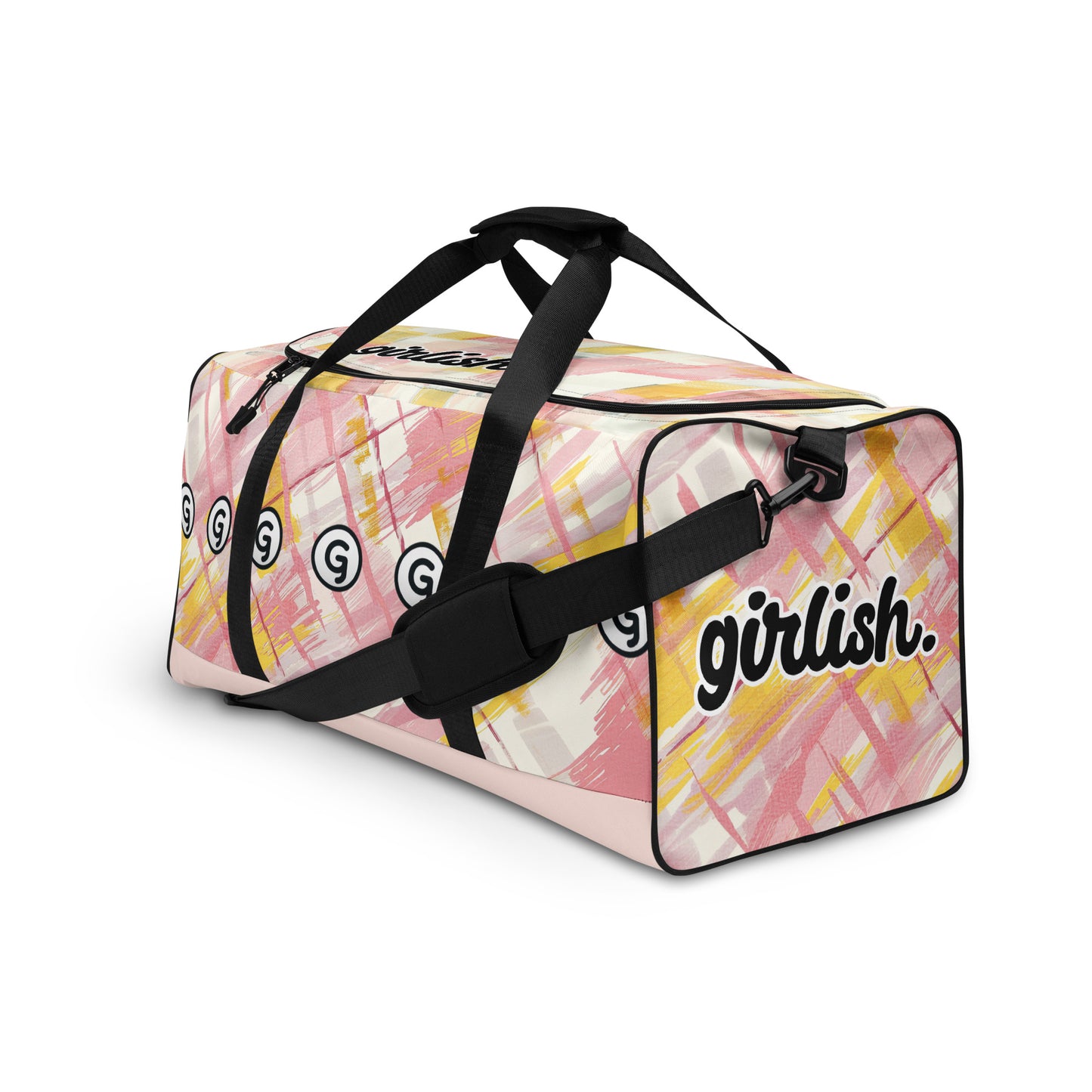 Left front of sherbert print patterned duffel back with 'G's in horizontal pattern and 'girlish' on side