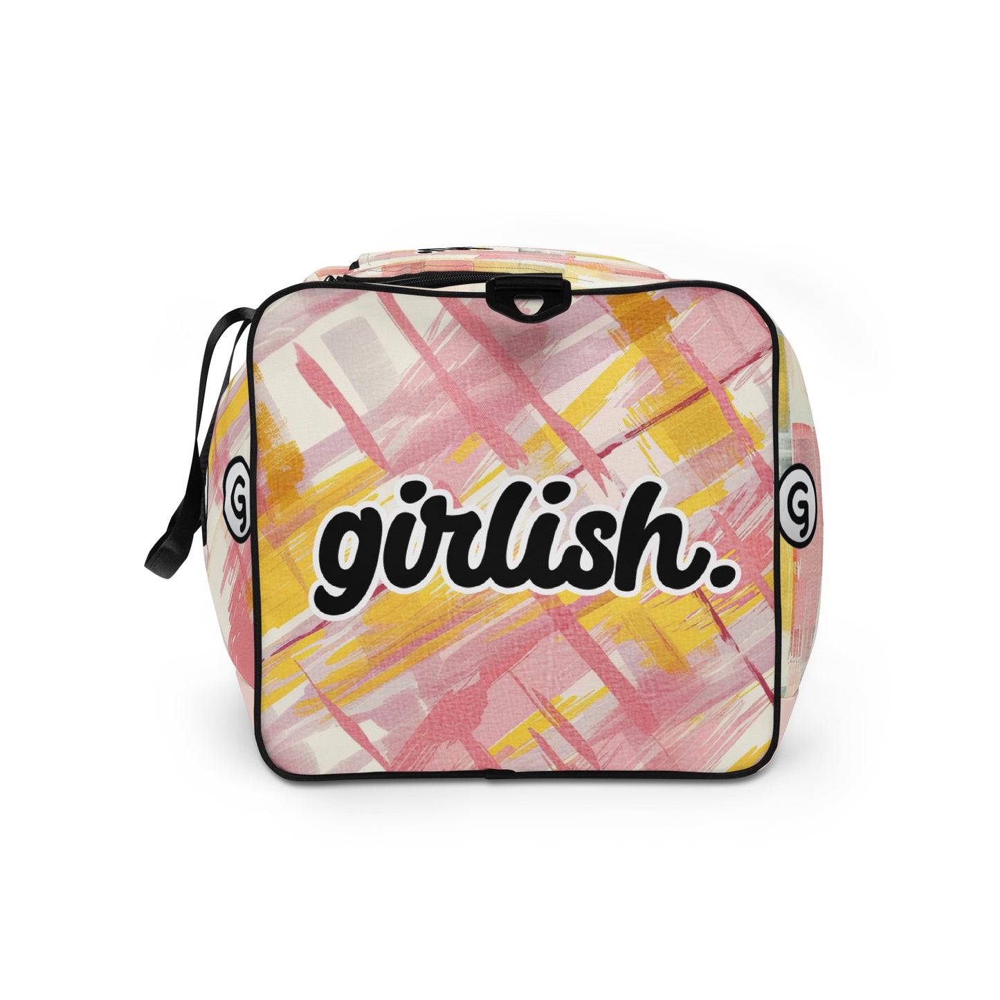 Left side of sherbert print patterned duffel back with 'girlish'
