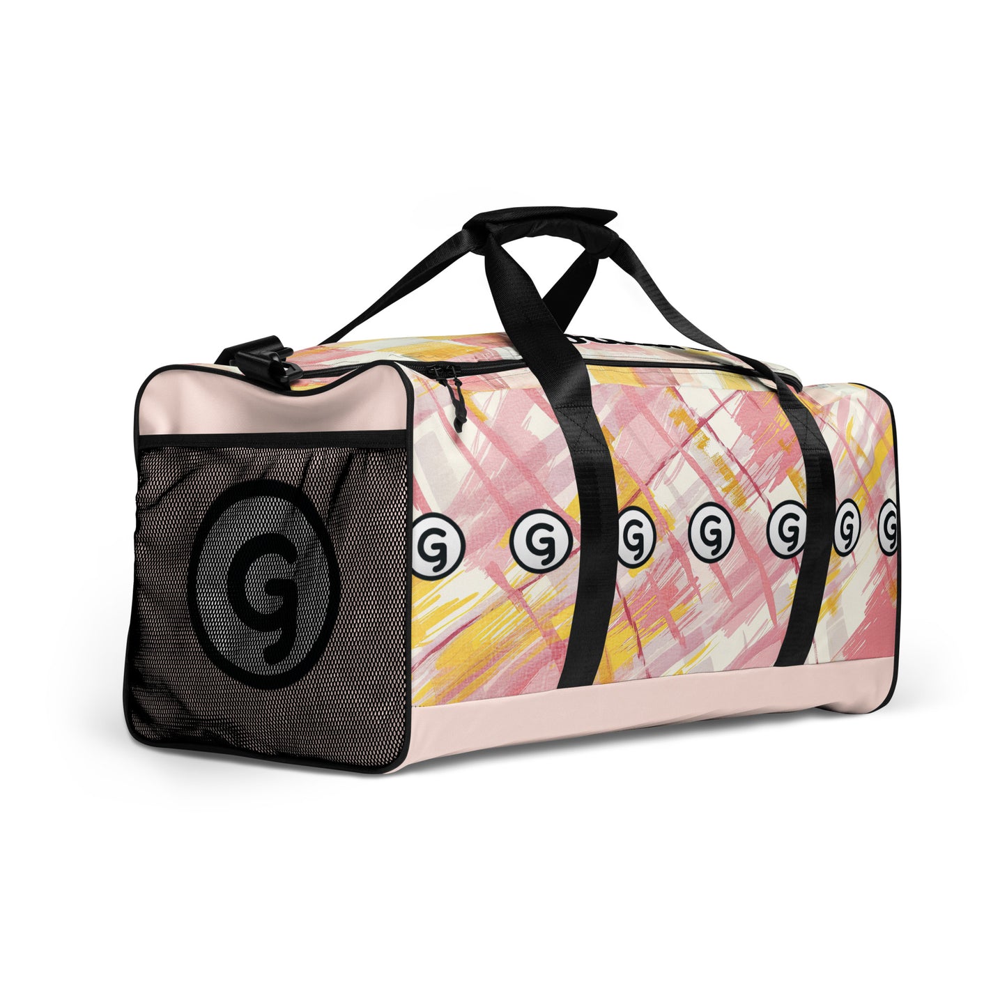 Right front of sherbert print patterned duffel back with 'G's in horizontal pattern and G on side