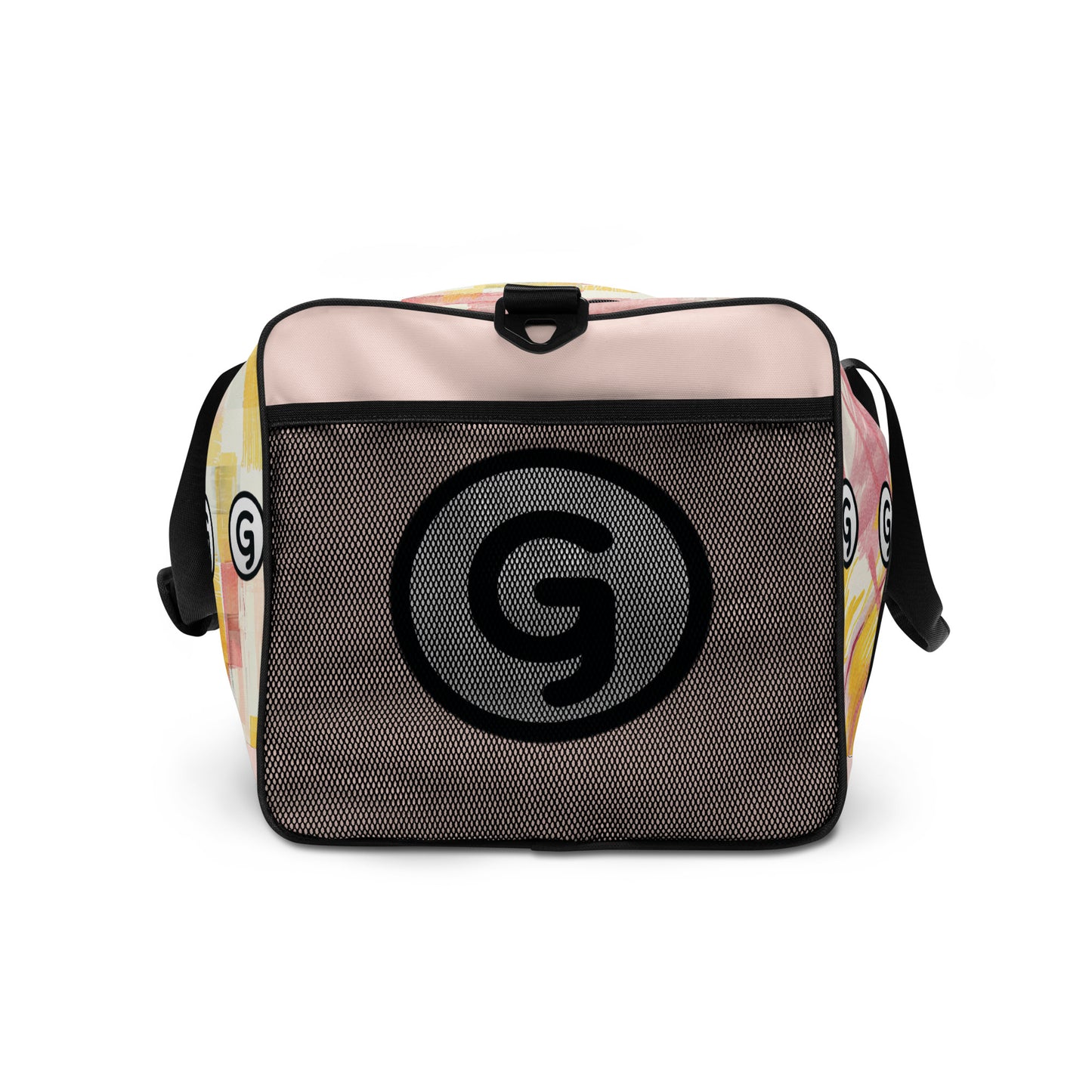 Right side of sherbert print patterned duffel back with 'G'