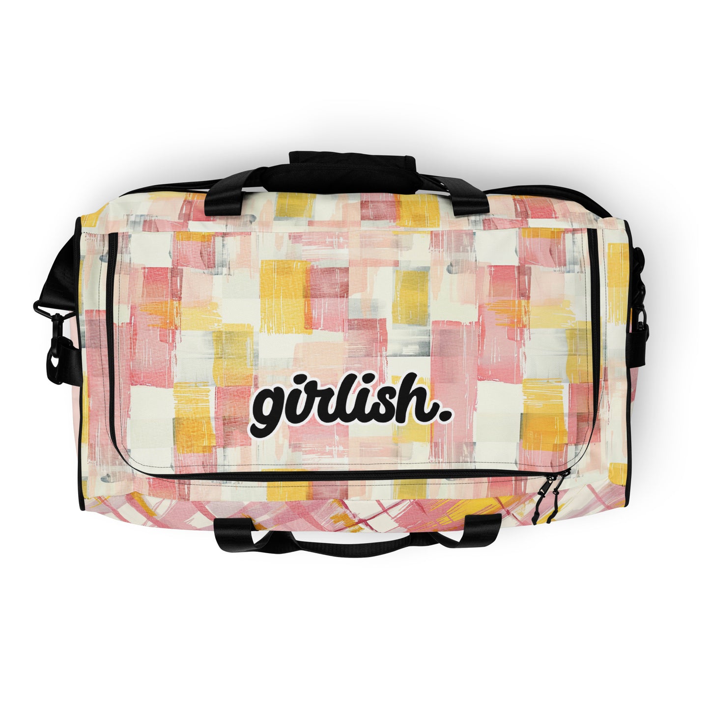 Top of sherbert print patterned duffel back with 'girlish'