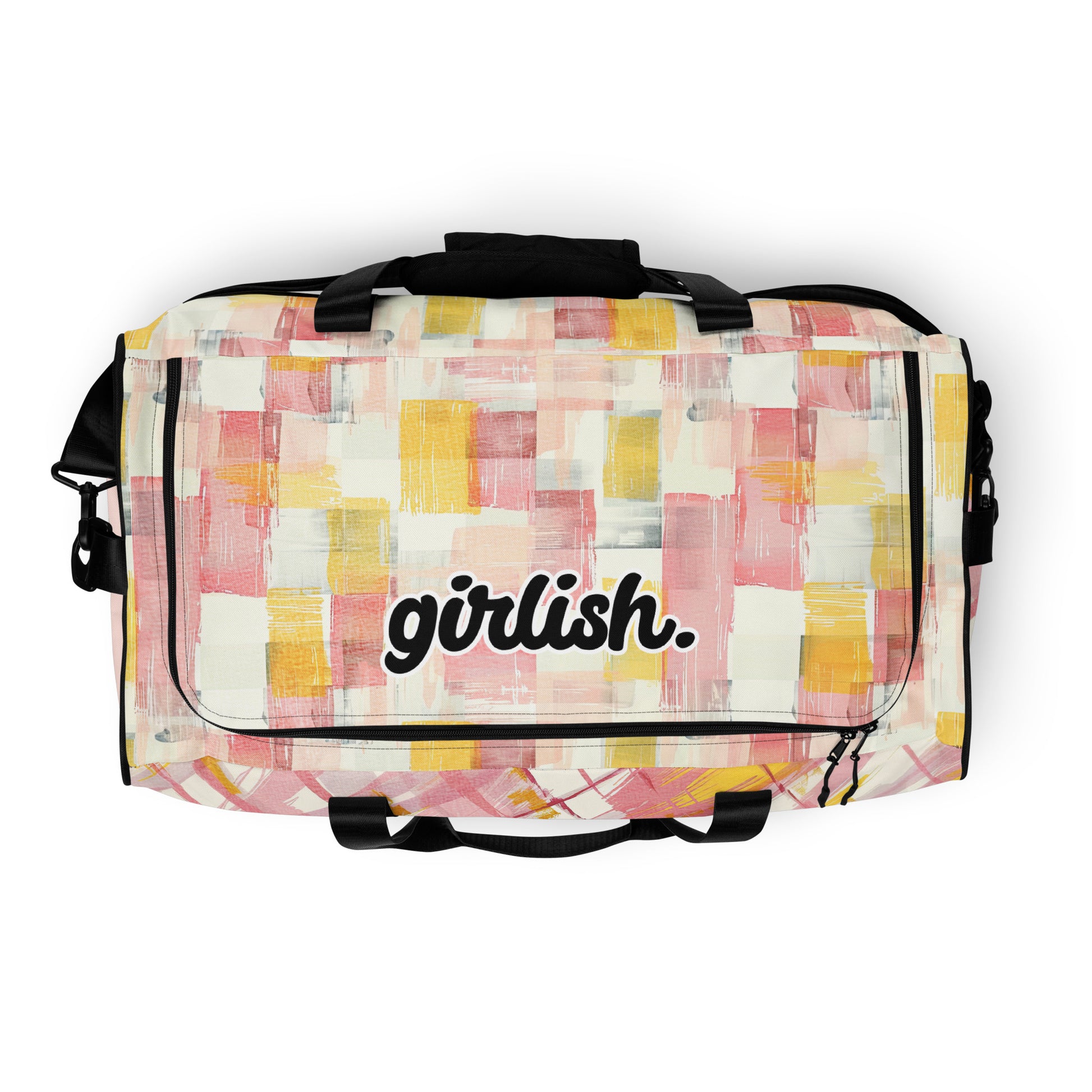 Top of sherbert print patterned duffel back with 'girlish'