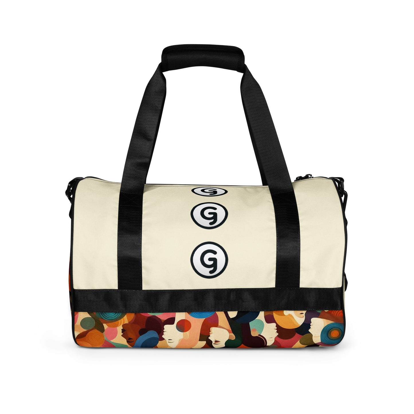 Back of Girlish gym bag with faces background and 'g' symbols