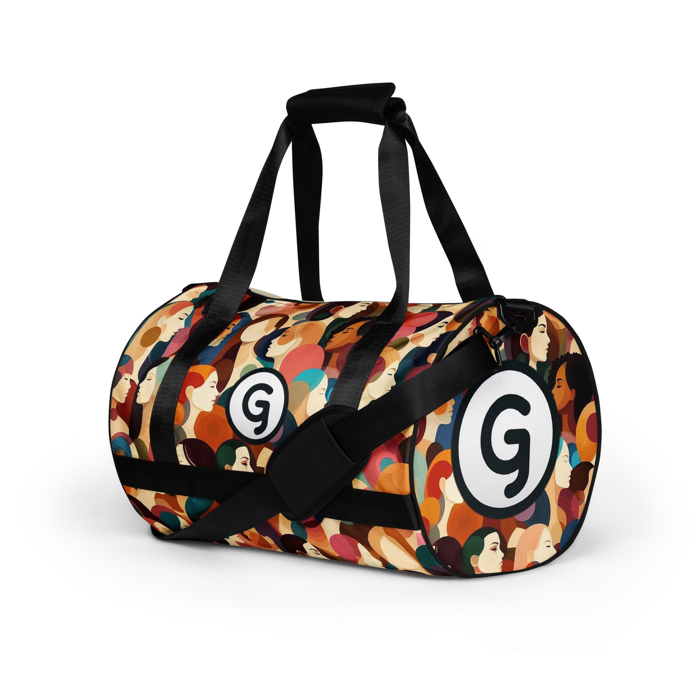 Left front of Girlish gym bag with faces background and 'g' symbols