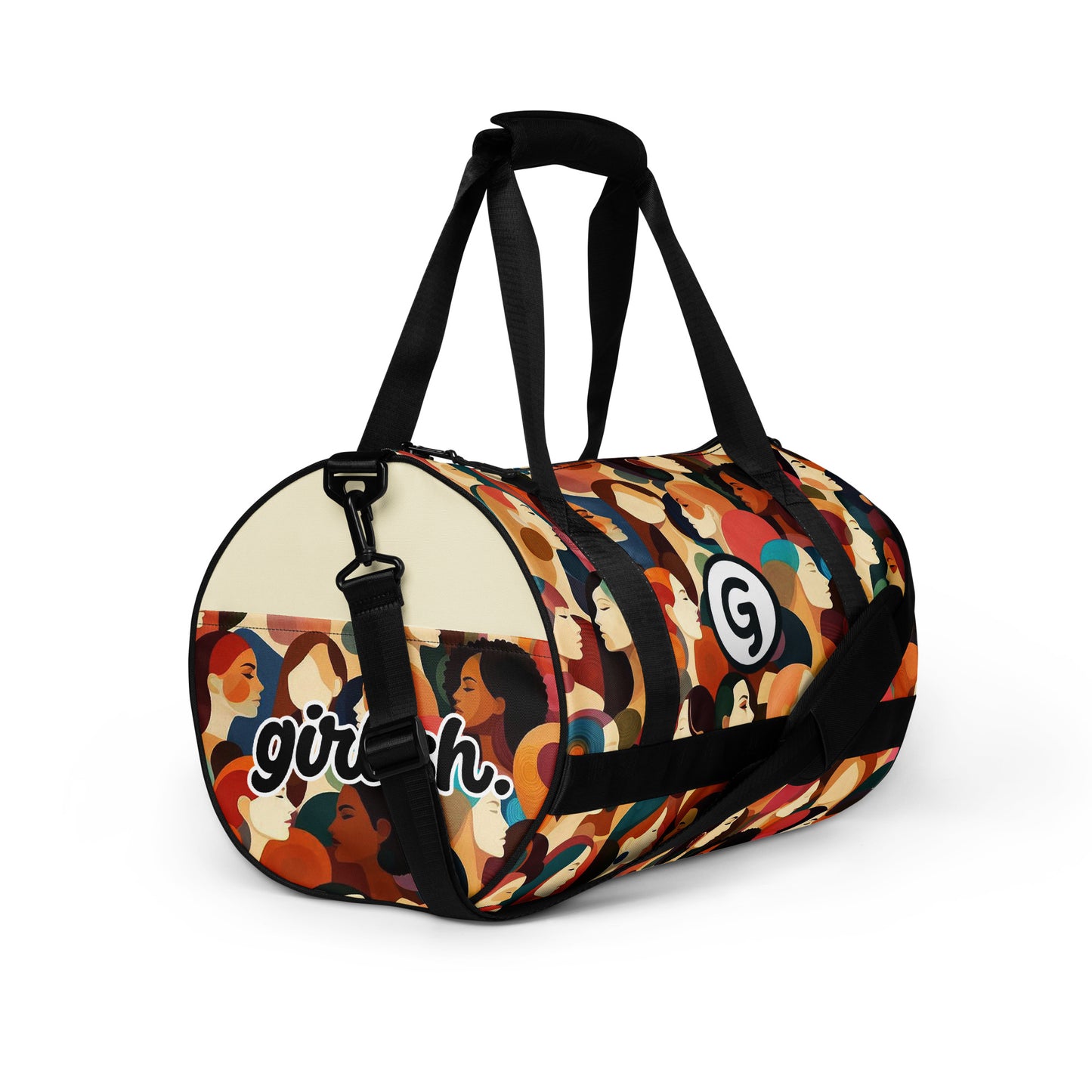Right front of Girlish gym bag with faces background and 'g' symbol and text on side 'girlish.'