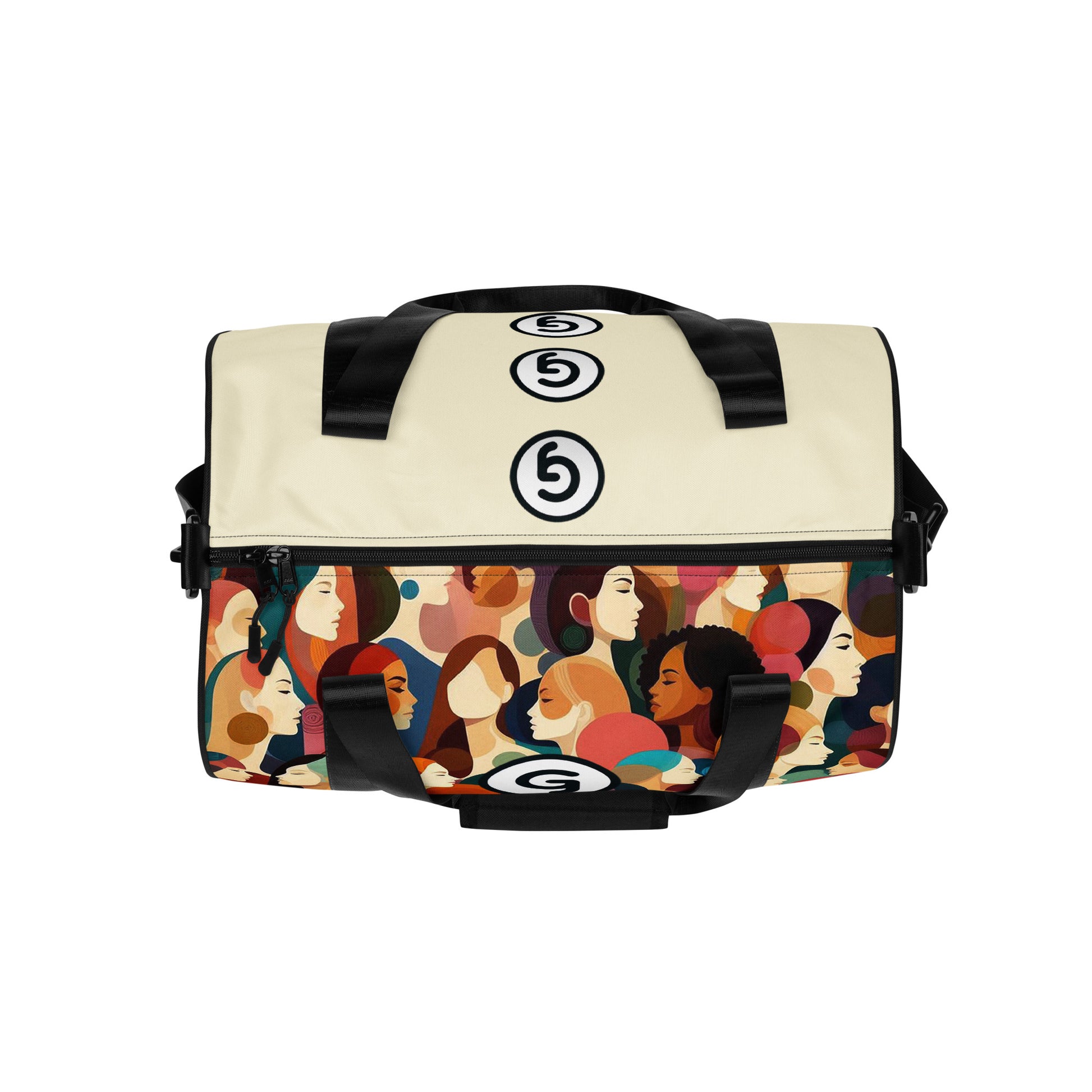 Top of Girlish gym bag with faces background and 'g' symbols