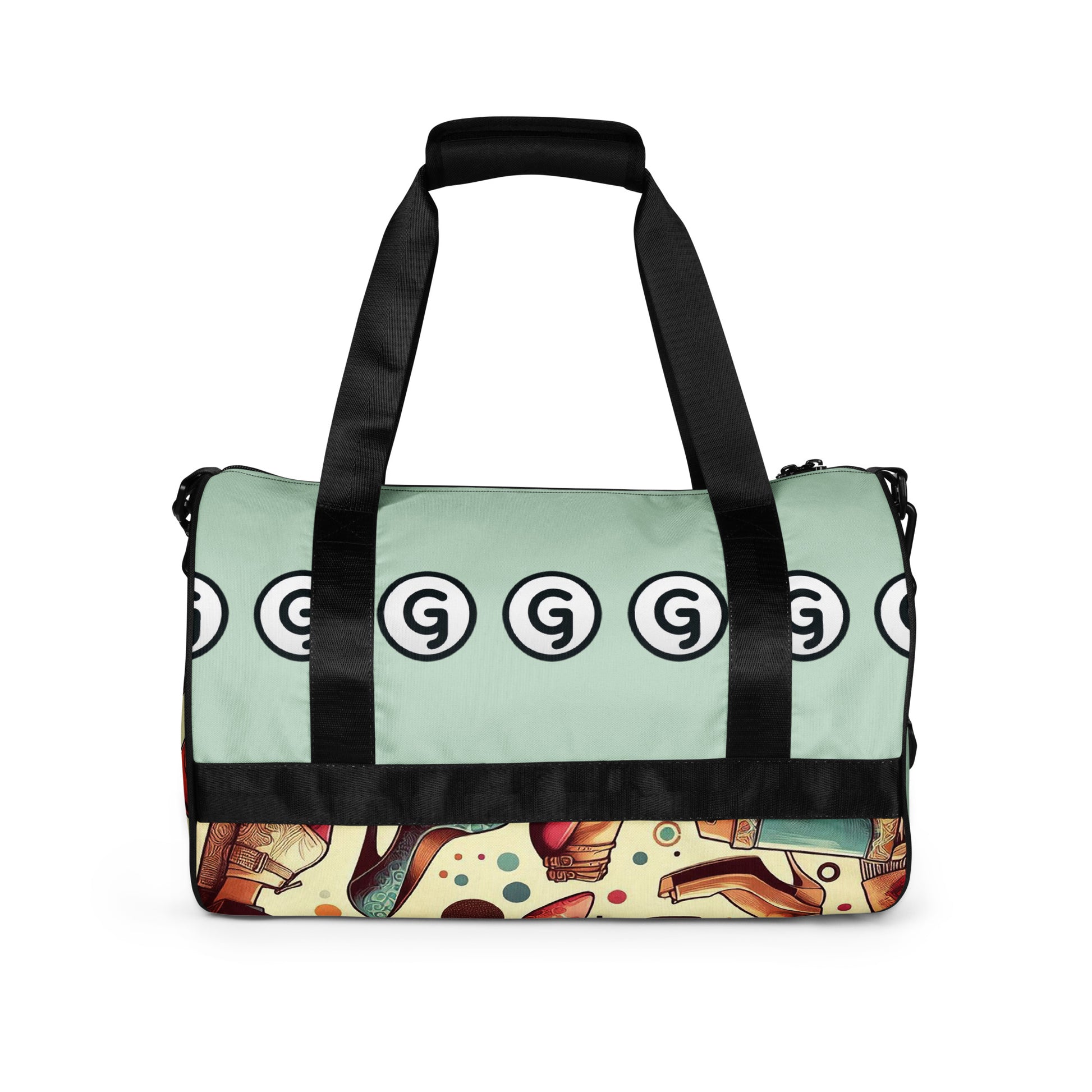 Back  of Girlish gym bag with shoe wear background and 'g' symbols
