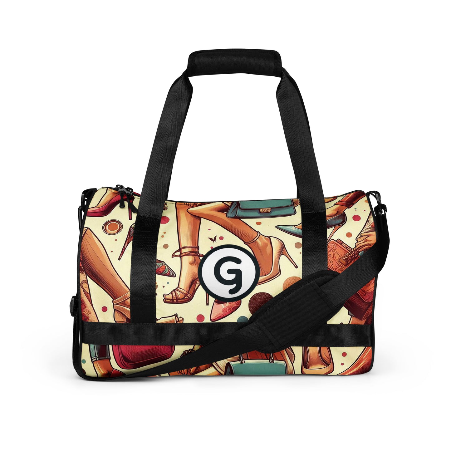 Front of Girlish gym bag with shoe wear background and 'g' symbol