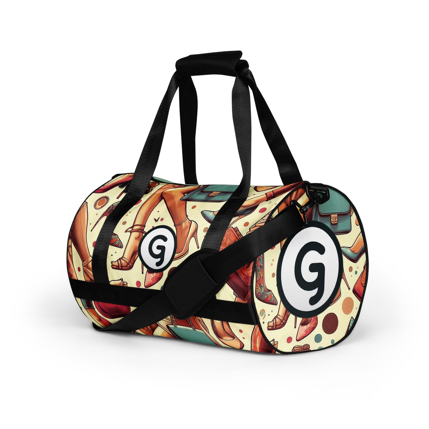 Left front of Girlish gym bag with shoe wear background and 'g' symbol and text on side 'g.'