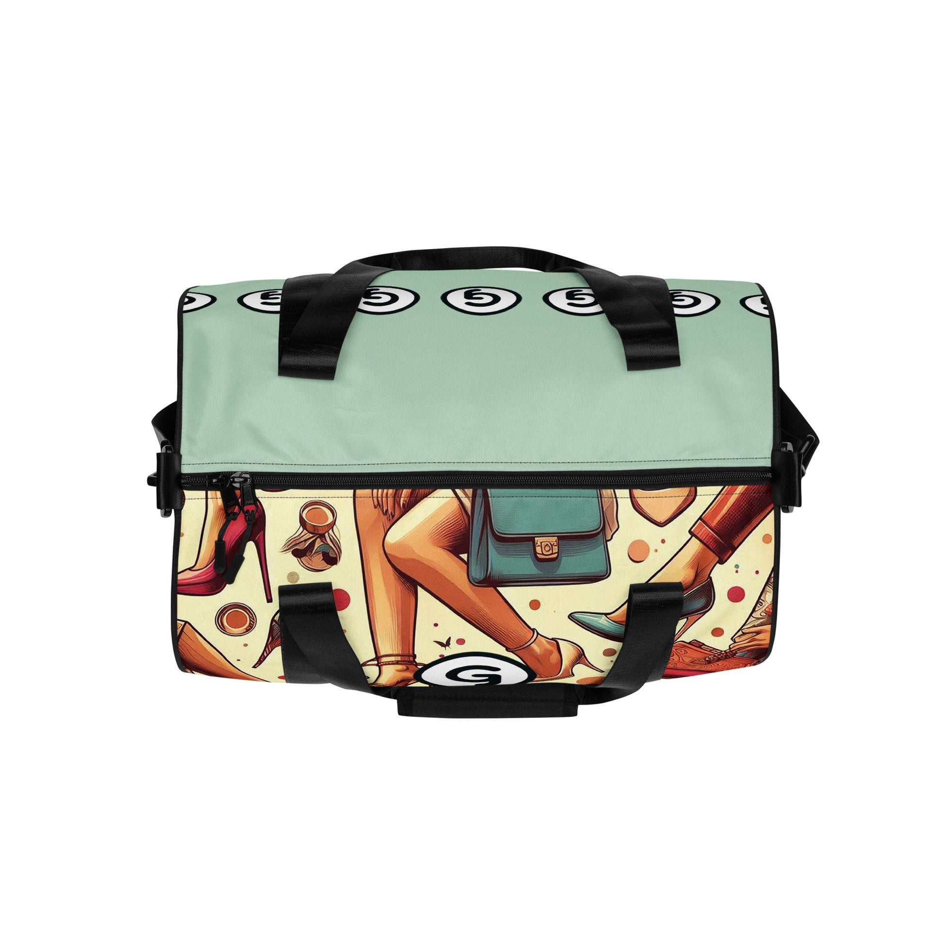Top of Girlish gym bag with shoe wear background and 'g' symbol2