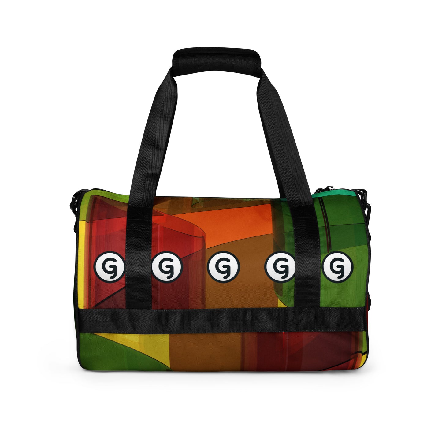 Back of gym bag with black straps and with a square pattern of brown, red, green, and gold background and 'g" logos