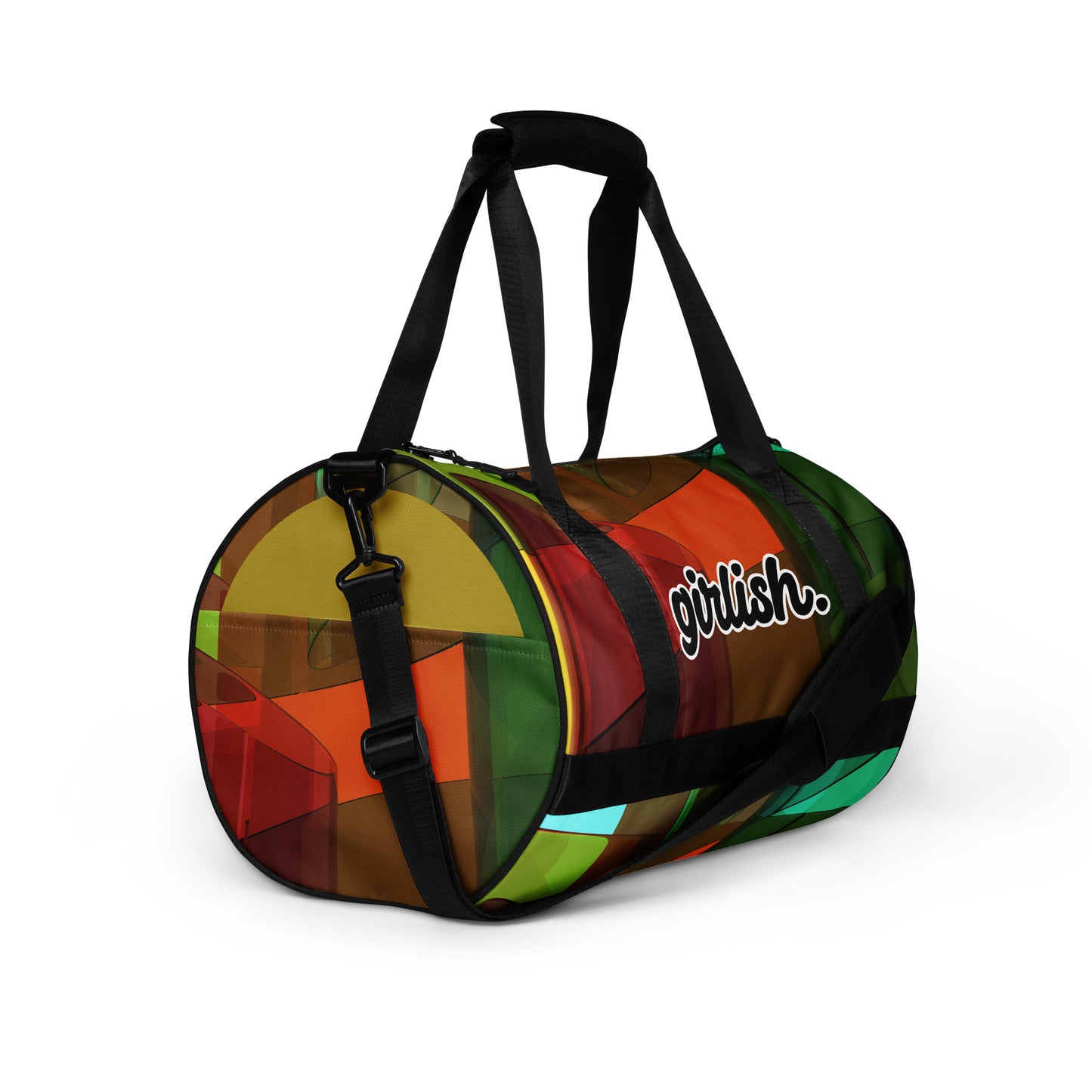 Right front of gym bag with black straps and with a square pattern of brown, red, green, and gold background and word 'girlish' on front